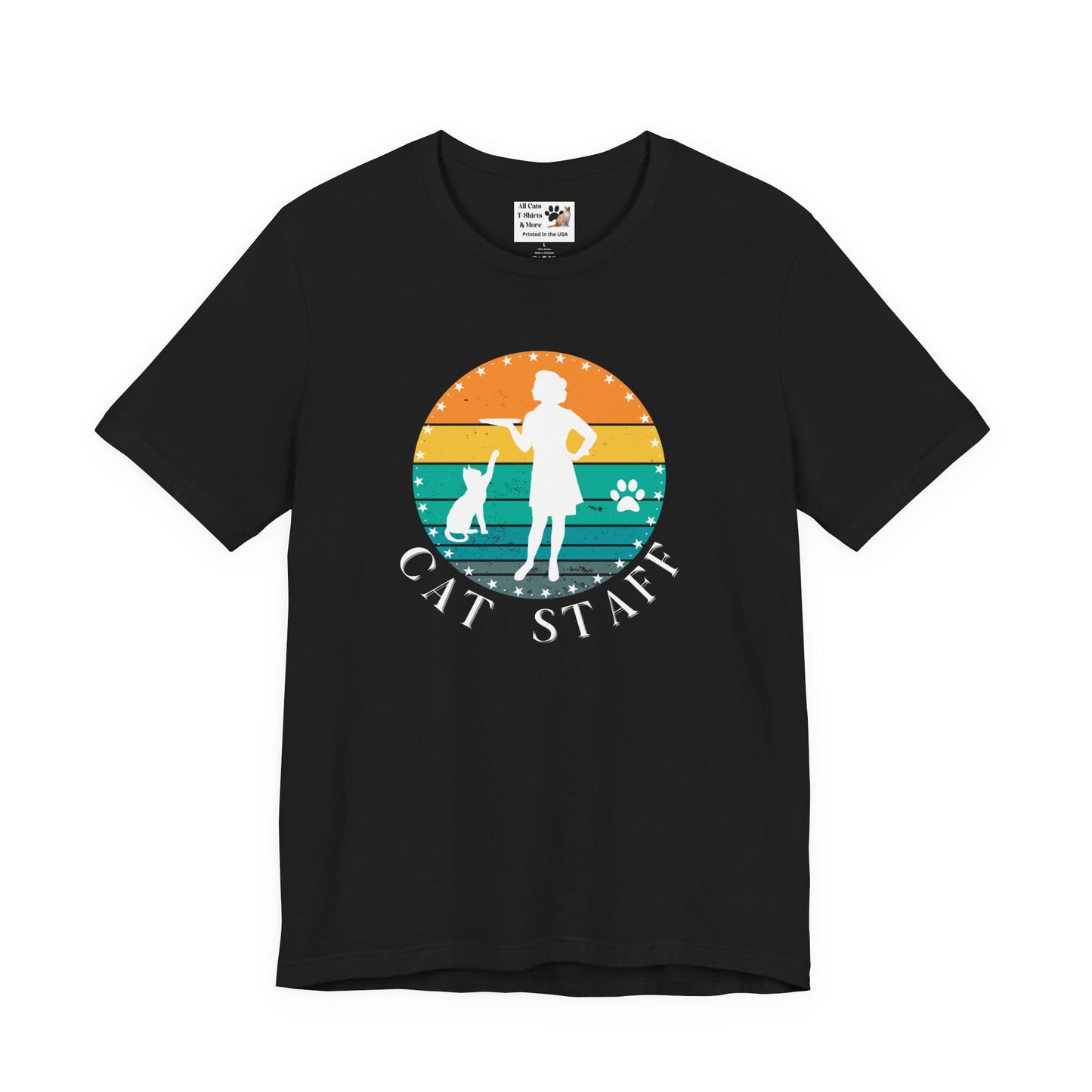 Cat Staff T-Shirt - (A Colorful "Vintage Sunset Style" Design, Unisex Jersey Short Sleeve Tee - Perfect for Cat Lovers!)