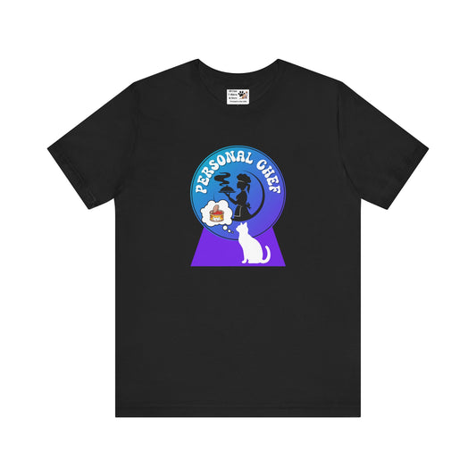 Personal Chef for Cats T-Shirt - (#10 - White Cat & Chef Silhouettes Blue Purple Design - Unisex Jersey Tee – Perfect for Cat Care Givers!)
