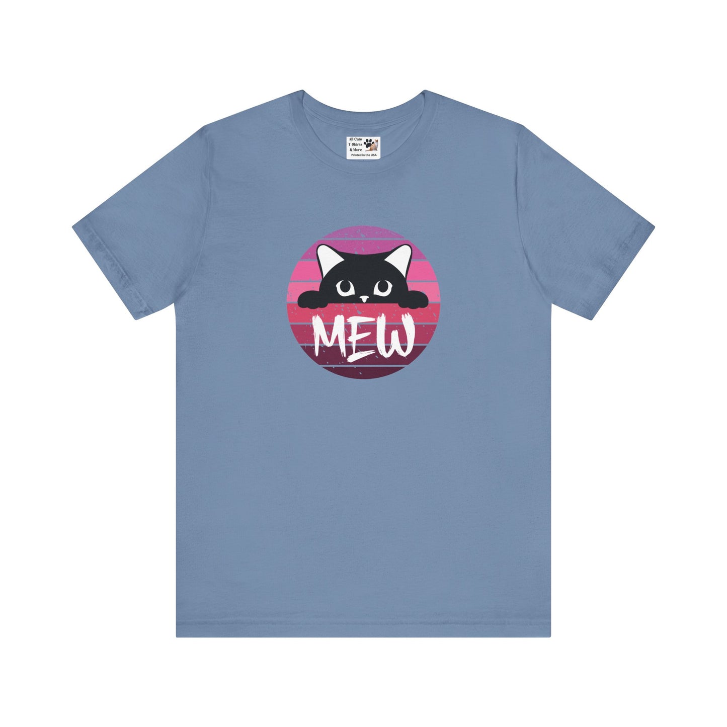 Cute Black Cat "MEW" Graphic Tee - (Pink Vintage Sunset T‑Shirt)