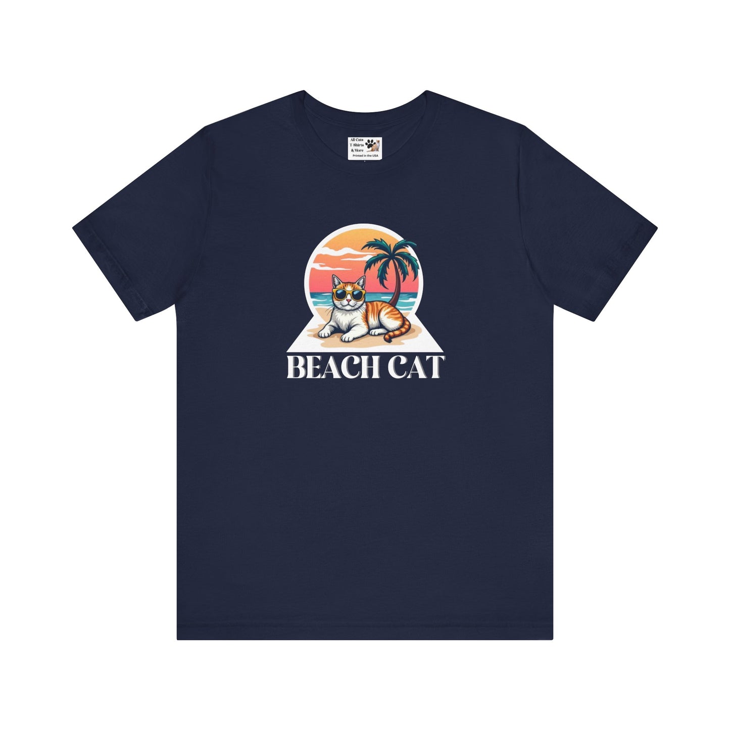 Beach Cat T-Shirt - (Retro Sunset Graphic Tee for Cat Fans)