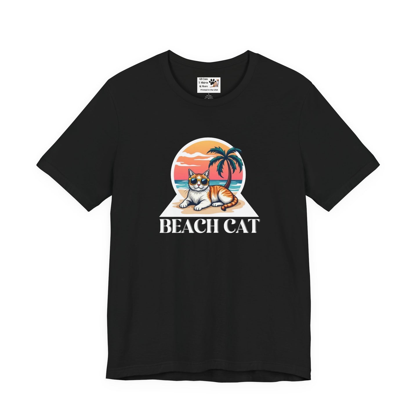 Beach Cat T-Shirt - (Retro Sunset Graphic Tee for Cat Fans)