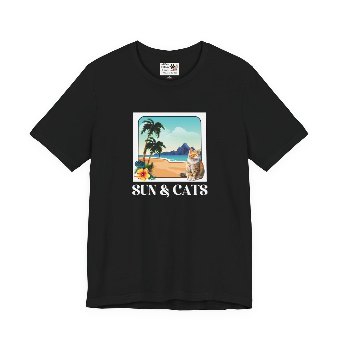 Sun & Cats Beach T-Shirt - (Retro Tropical Cat Graphic Tee for Cat Fans)