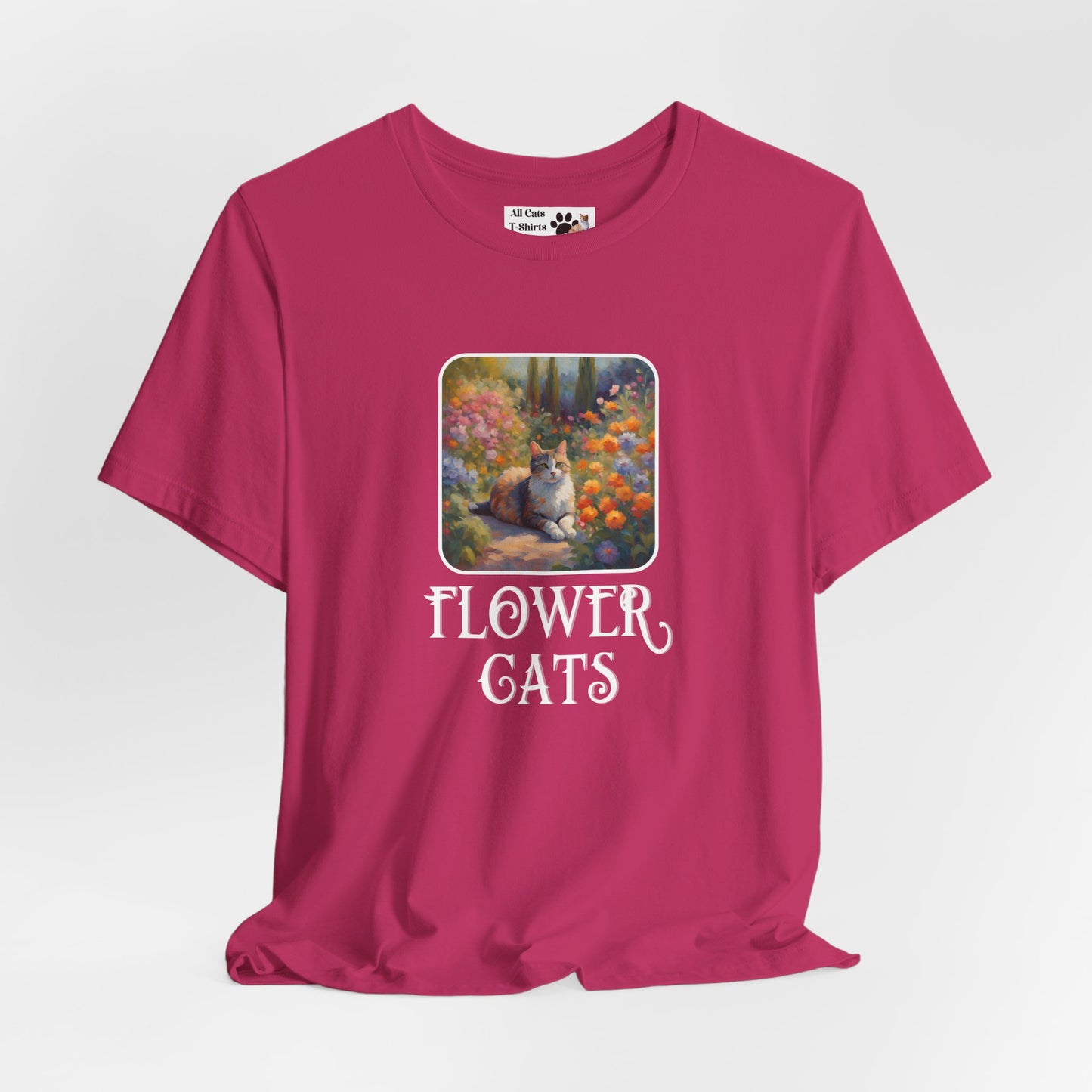 Flower Cats T-Shirt — (Flower Cats Tee #1, Colorful Garden Cat T-Shirt for Cat Fans & Cat Lovers!)