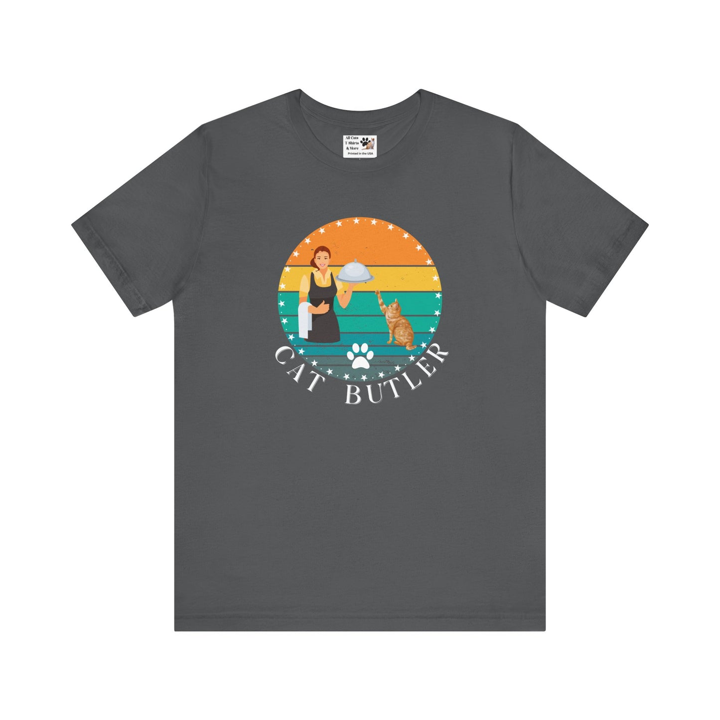 "Cat Butler" T-Shirt - With Vintage Sunset Graphic - (Unisex Jersey Short Sleeve Tee - Perfect Gift for Cat Lovers!)