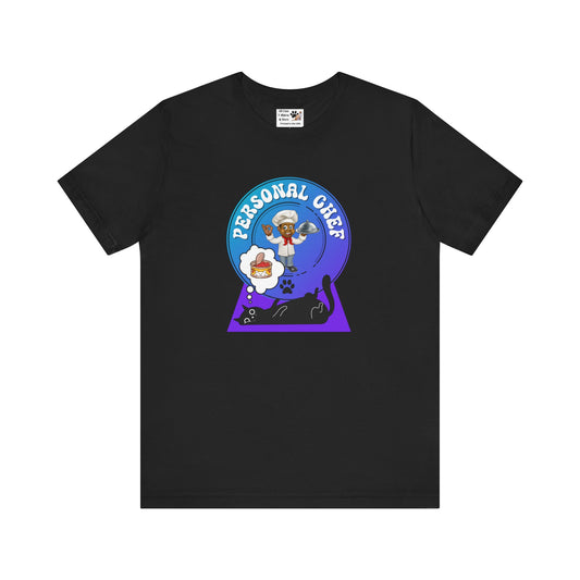 Personal Chef for Cats T-Shirt (#5 - Black Cat & Chef Blue Purple Design - Unisex Jersey Tee – Perfect Cat Care Givers!)