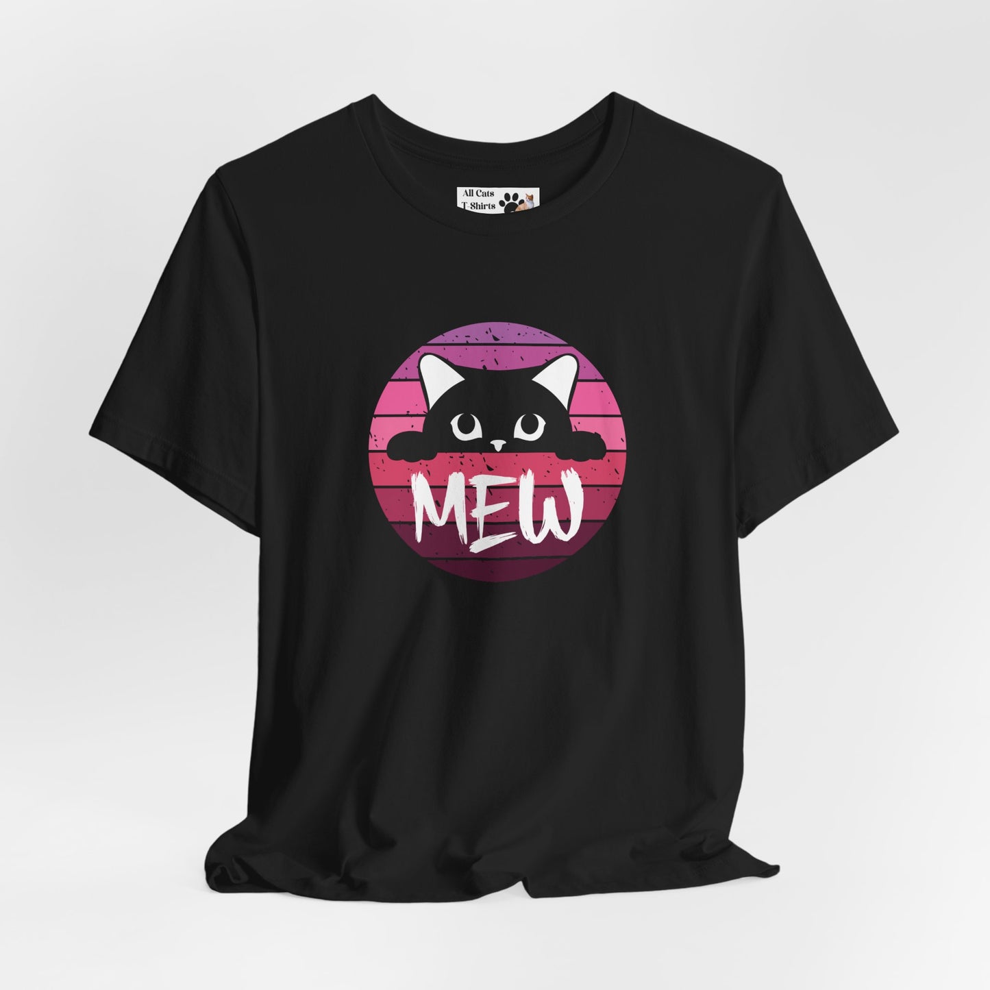 Cute Black Cat "MEW" Graphic Tee - (Pink Vintage Sunset T‑Shirt)