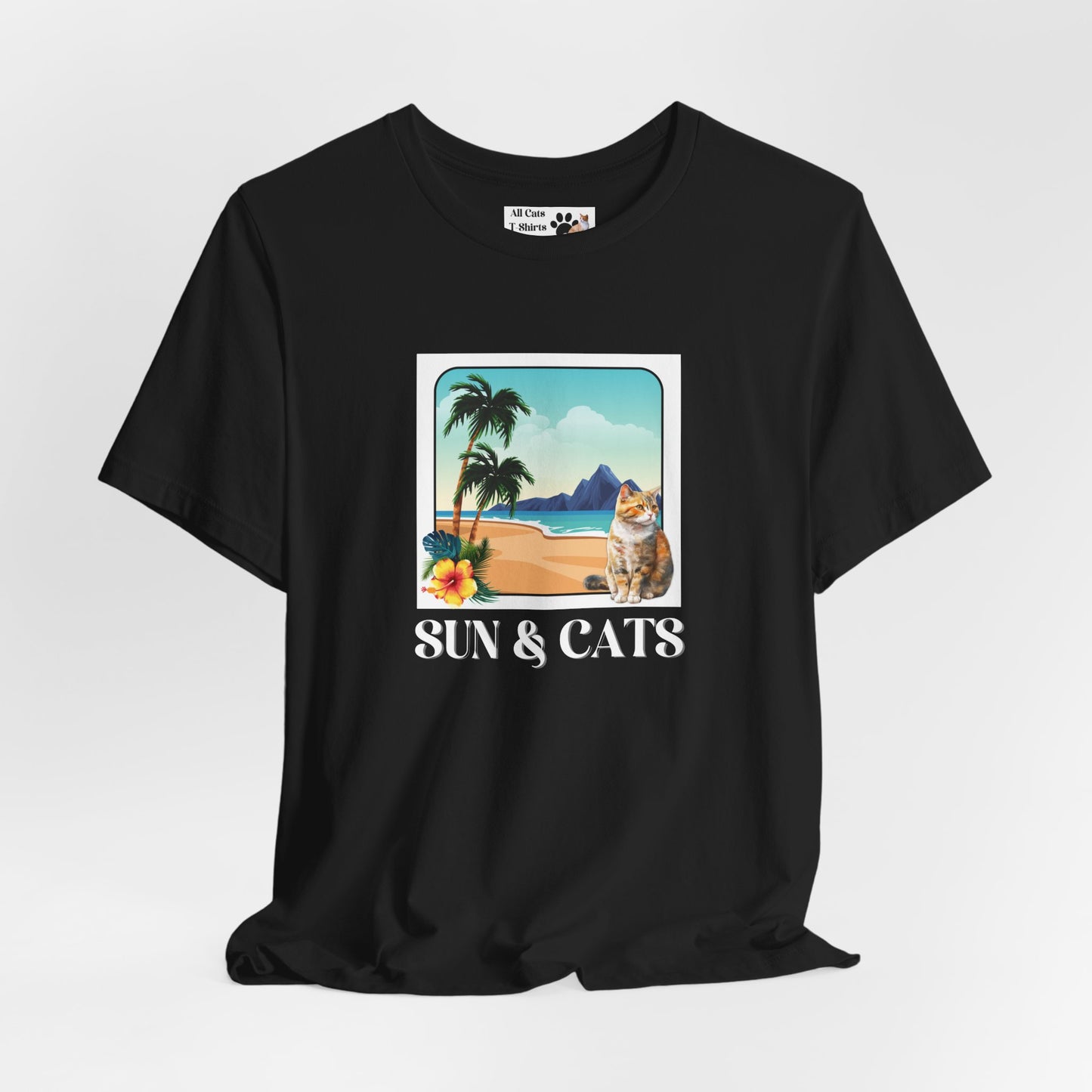 Sun & Cats Beach T-Shirt - (Retro Tropical Cat Graphic Tee for Cat Fans)