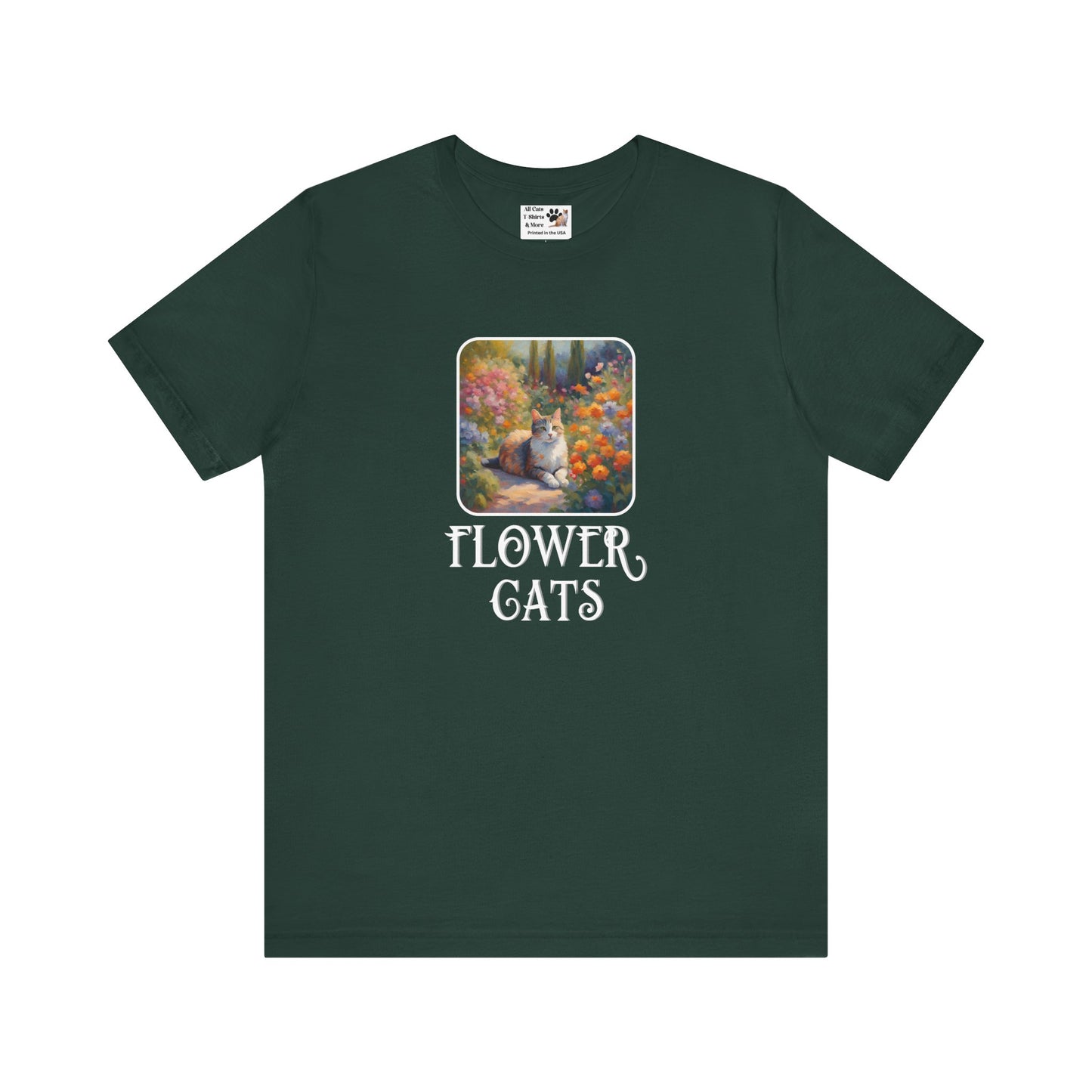 Flower Cats T-Shirt — (Flower Cats Tee #1, Colorful Garden Cat T-Shirt for Cat Fans & Cat Lovers!)