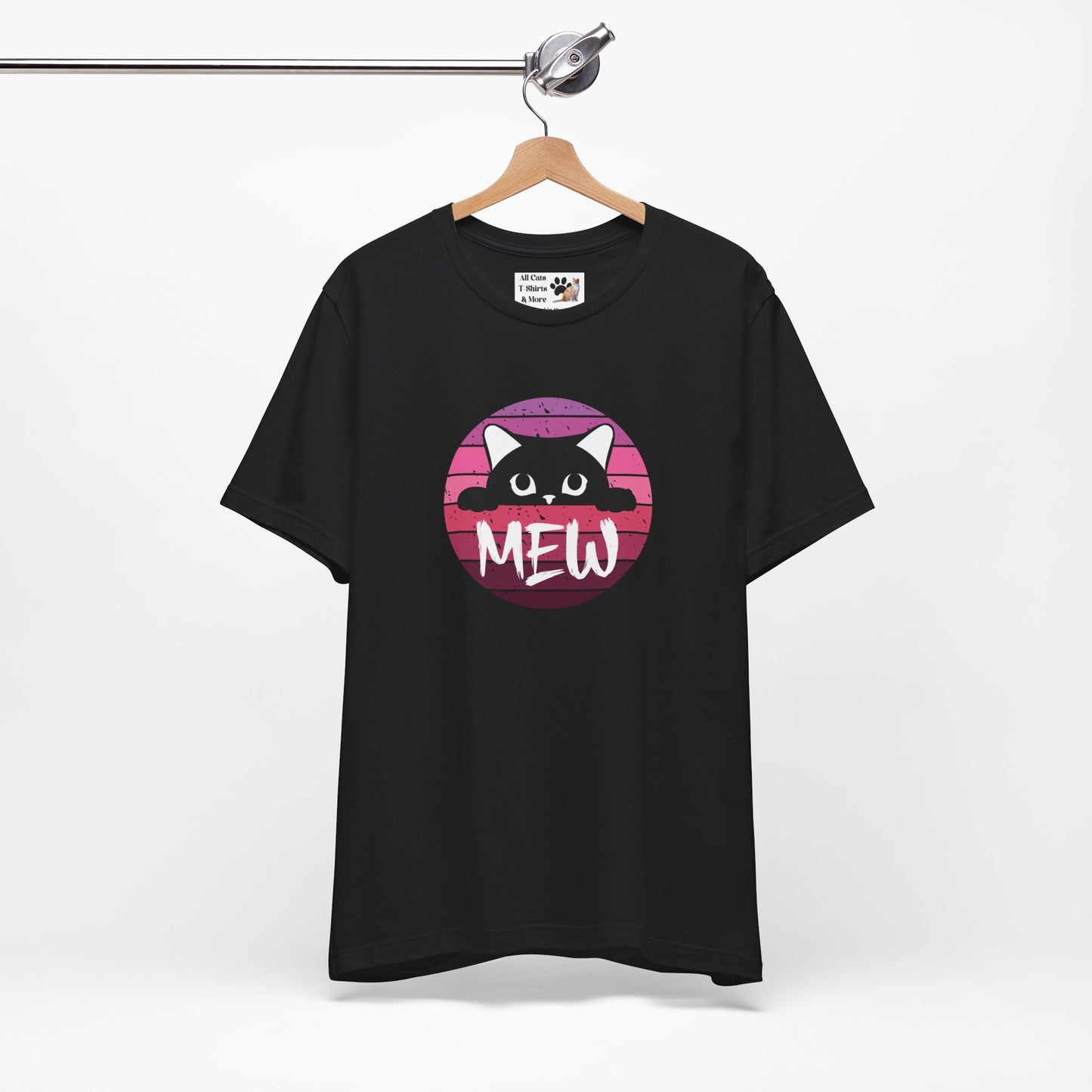Cute Black Cat "MEW" Graphic Tee - (Pink Vintage Sunset T‑Shirt)