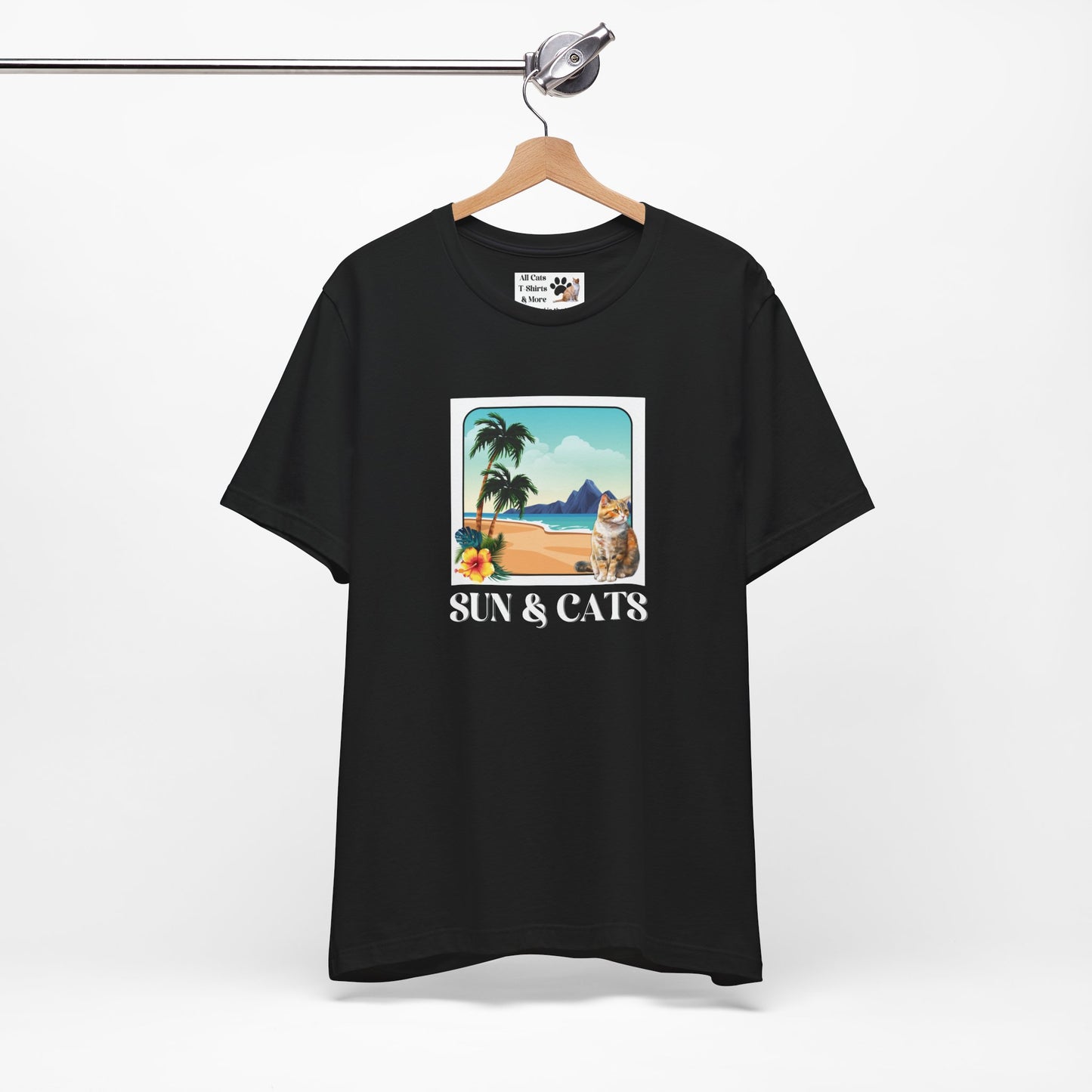 Sun & Cats Beach T-Shirt - (Retro Tropical Cat Graphic Tee for Cat Fans)