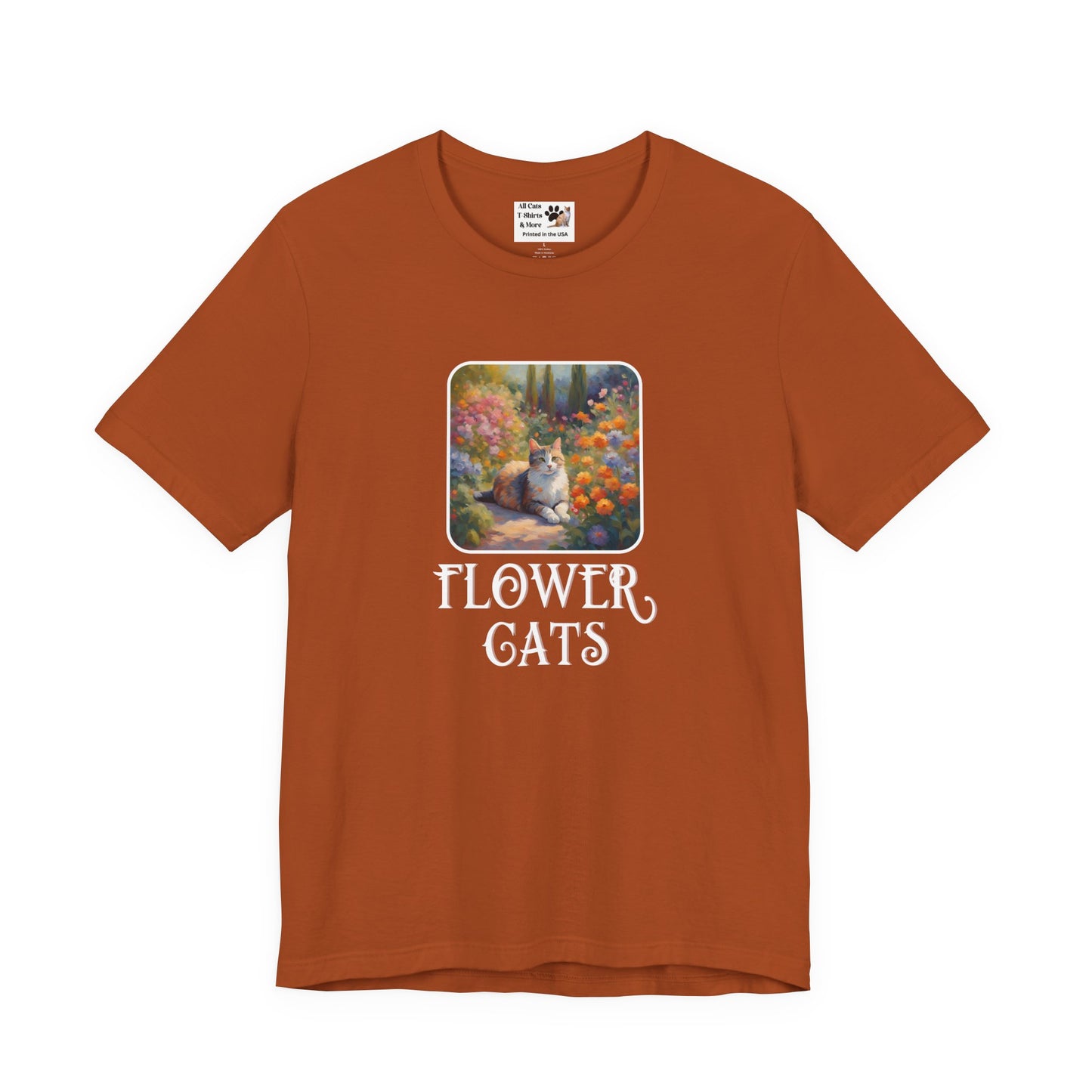 Flower Cats T-Shirt — (Flower Cats Tee #1, Colorful Garden Cat T-Shirt for Cat Fans & Cat Lovers!)