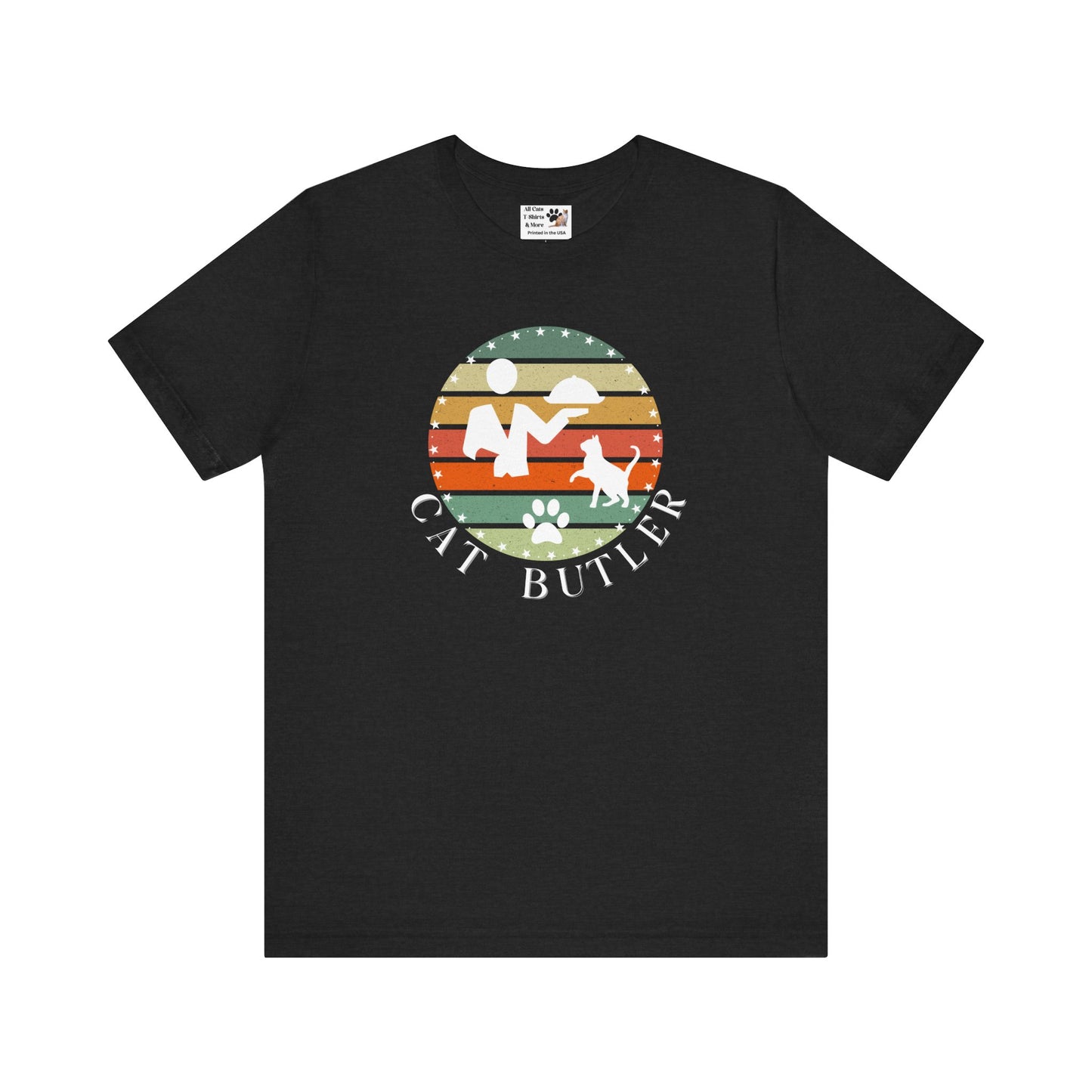 "Cat Butler" T-Shirt - With Vintage Sunset Style Graphic - (Unisex Jersey Short Sleeve Tee - Perfect Gift for Cat Lovers!)