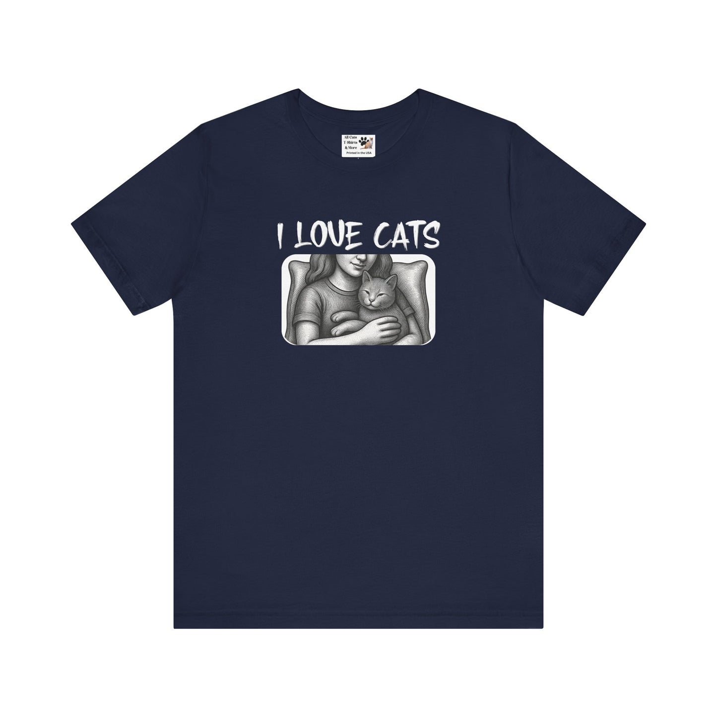 I Love Cats T-Shirt — Cat Lover Graphic Tee with Cozy Cat Cuddle Illustration
