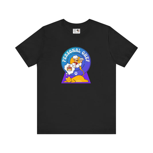 Personal Chef for Cats T-Shirt (#1 - Orange Cat Blue Purple Design - Unisex Jersey Tee – Perfect Cat Care Givers!)