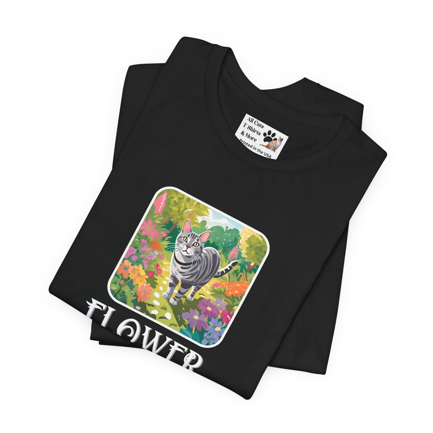 Flower Cats T-Shirts - (Flower Cats Tee #4, Cat in Wildflower Garden T-Shirt, Cat Mom Tee)