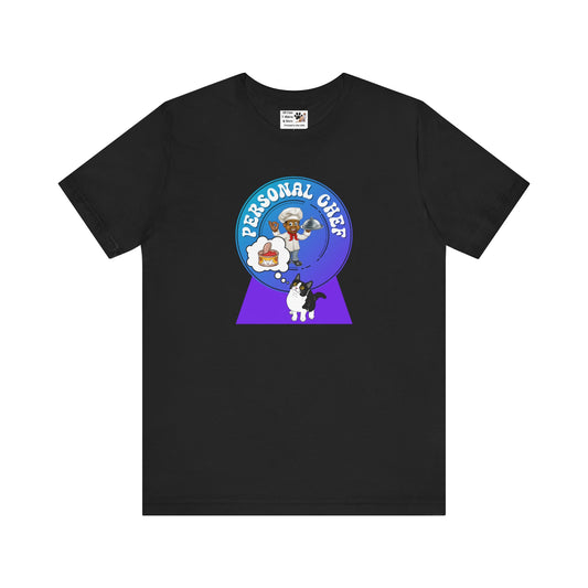 Personal Chef for Cats T-Shirt (#4 - Cat & Chef Blue Purple Design - Unisex Jersey Tee – Perfect Cat Care Givers!)
