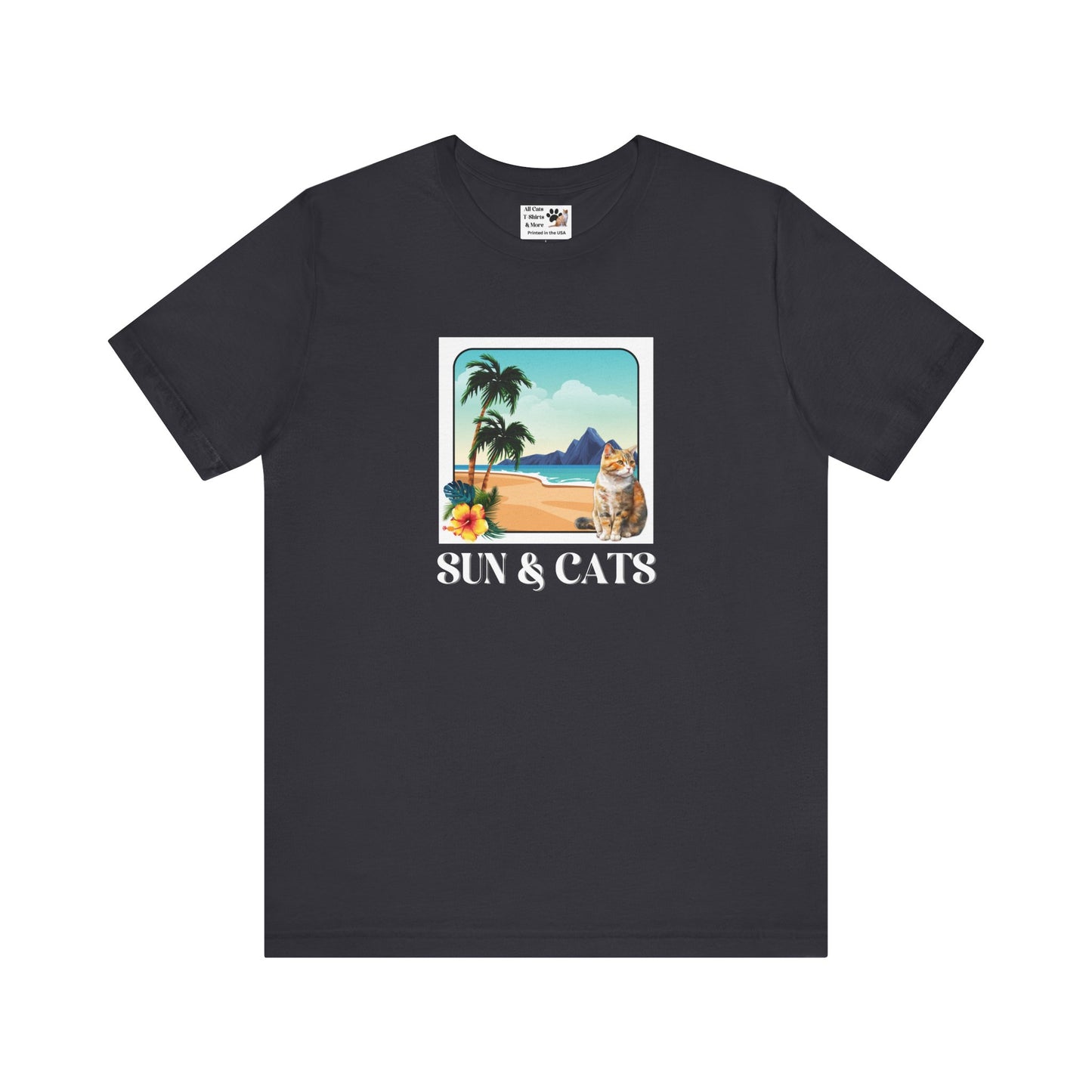 Sun & Cats Beach T-Shirt - (Retro Tropical Cat Graphic Tee for Cat Fans)