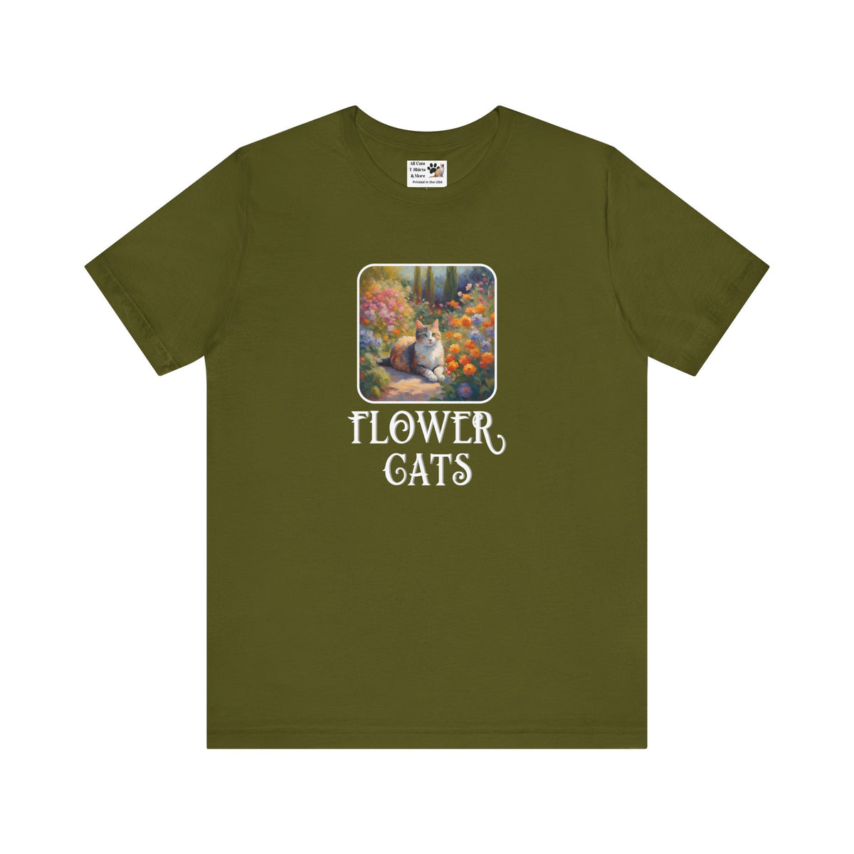 Flower Cats T-Shirt — (Flower Cats Tee #1, Colorful Garden Cat T-Shirt for Cat Fans & Cat Lovers!)