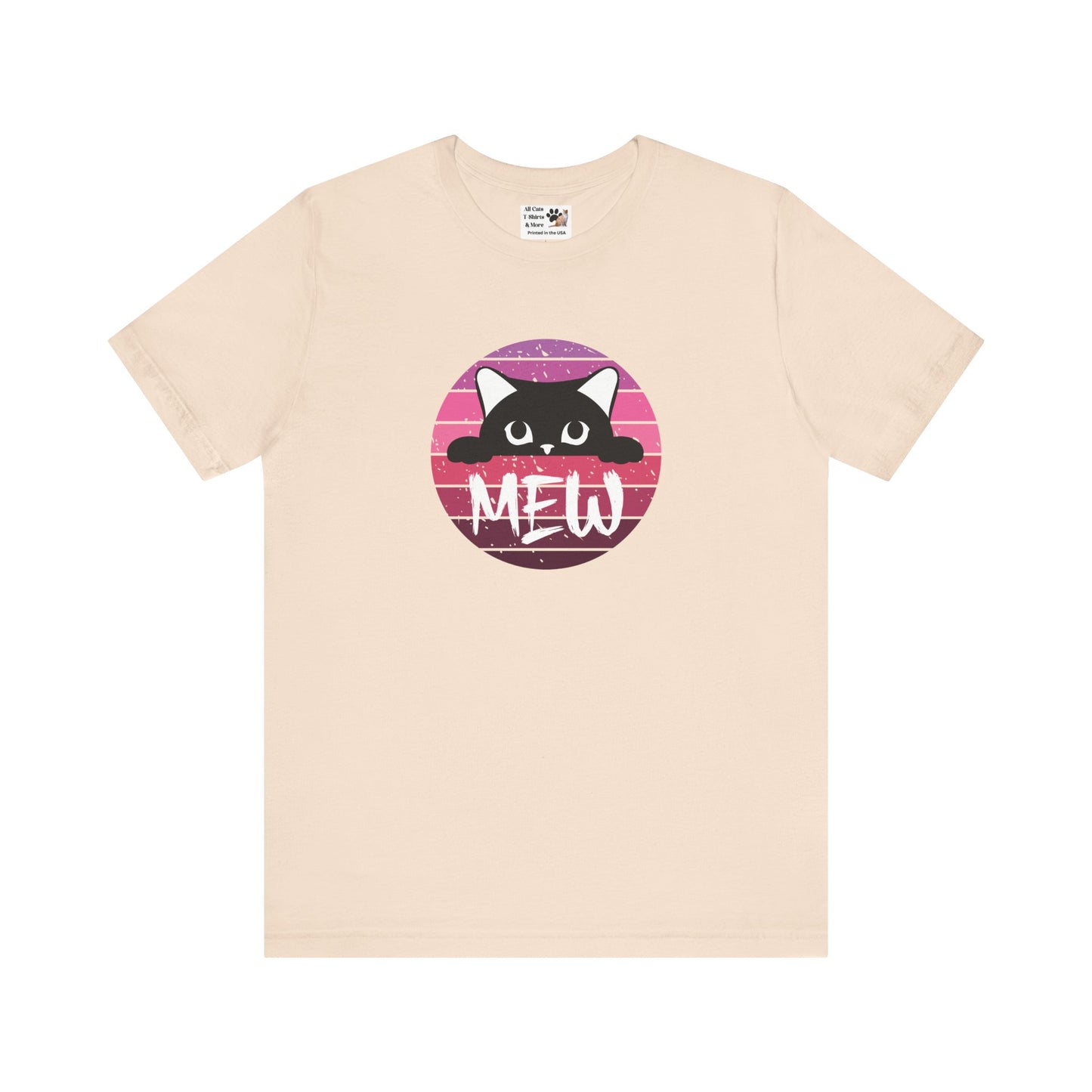Cute Black Cat "MEW" Graphic Tee - (Pink Vintage Sunset T‑Shirt)