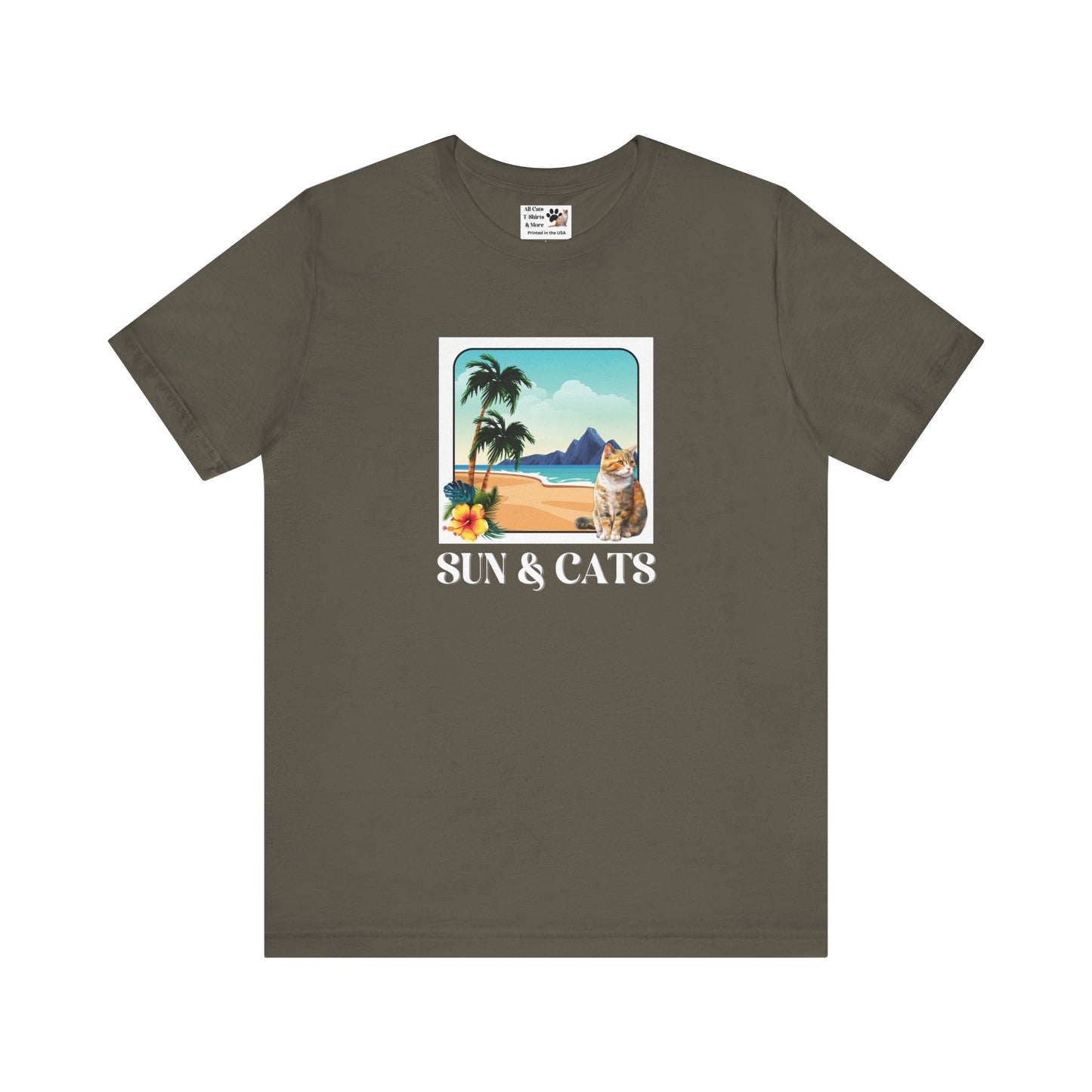 Sun & Cats Beach T-Shirt - (Retro Tropical Cat Graphic Tee for Cat Fans)