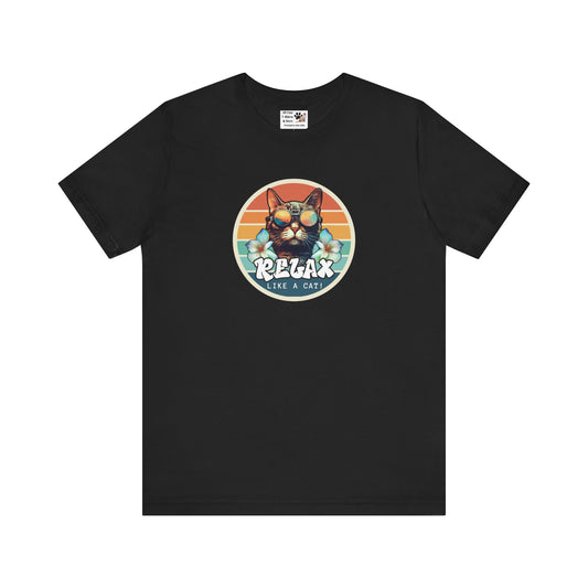 Relax Like a Cat T-Shirt - (Vintage Sunset Style Graphic, Chill Cat Graphic Tee, Unisex Casual Wear, Gift for Cat Lovers)