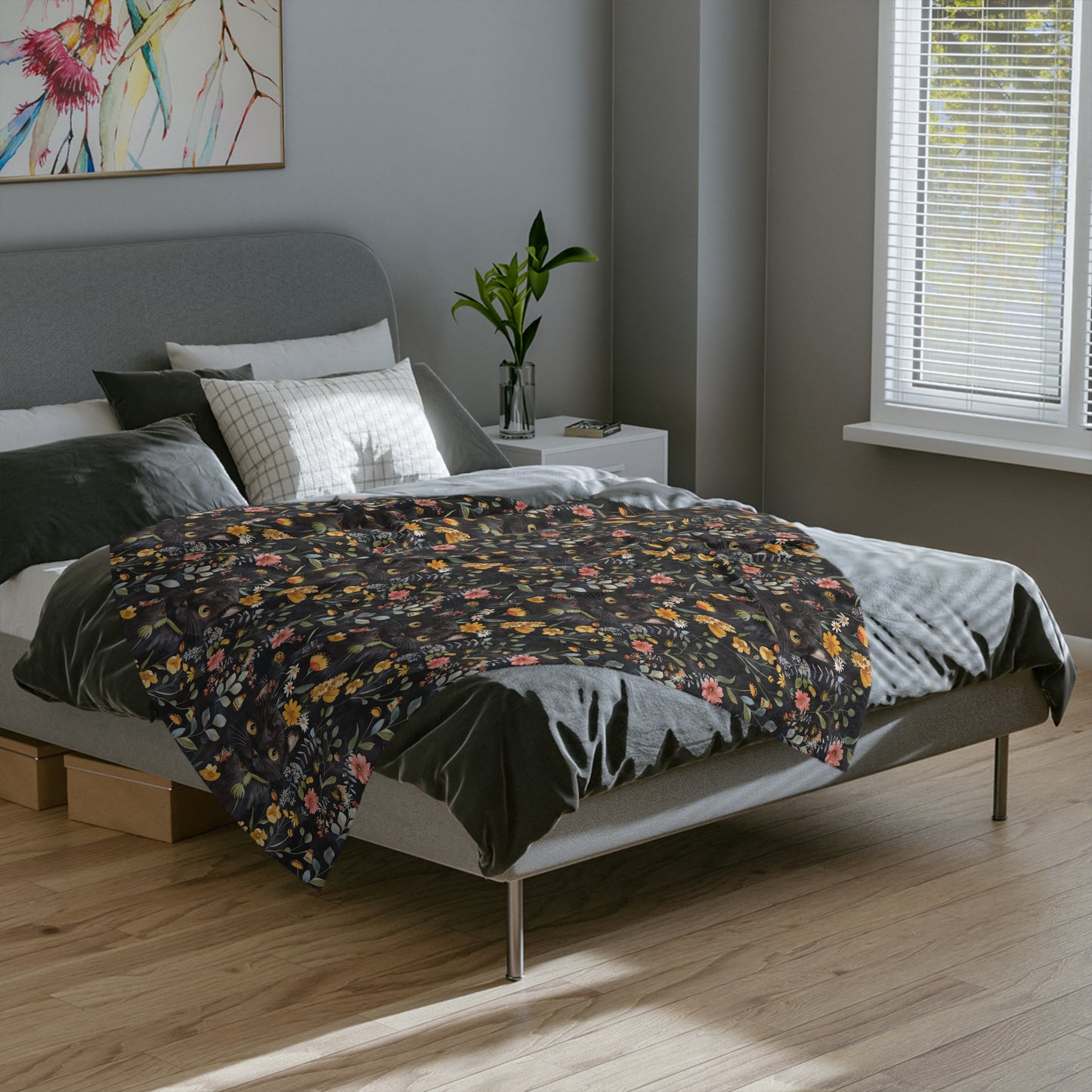 Cat & Flowers Blanket | Cozy Microfiber Blanket, Cat Lover Gift, Floral Throw, Home Decor