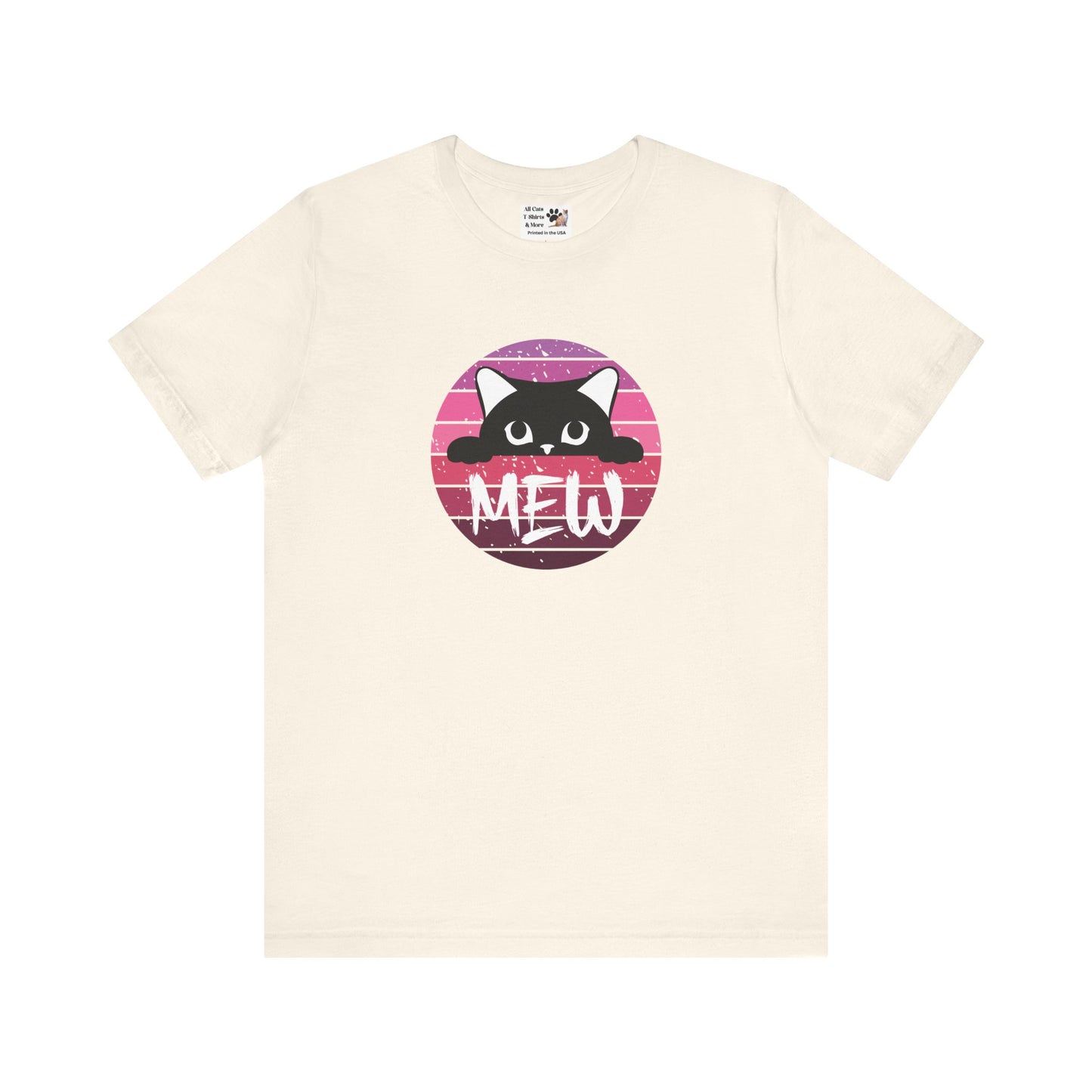 Cute Black Cat "MEW" Graphic Tee - (Pink Vintage Sunset T‑Shirt)