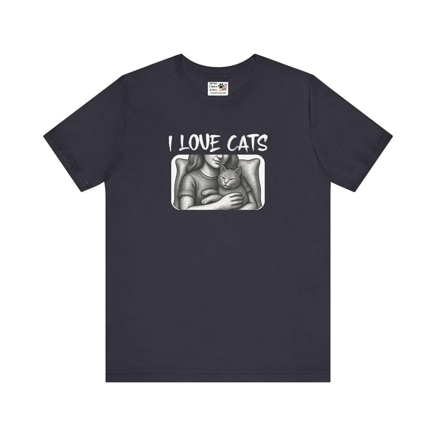 I Love Cats T-Shirt — Cat Lover Graphic Tee with Cozy Cat Cuddle Illustration