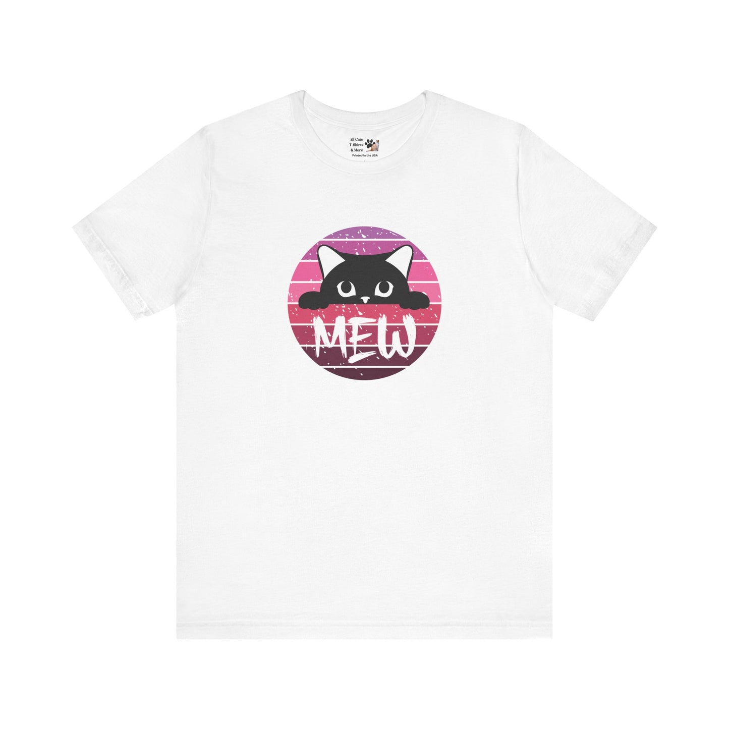 Cute Black Cat "MEW" Graphic Tee - (Pink Vintage Sunset T‑Shirt)