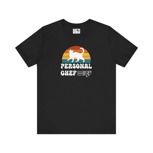 Vintage Sunset Personal Chef for Cats T-Shirt (#17 - White Cat Silhouette & Can Opener - Unisex Jersey Tee – Funny Cat Tee)