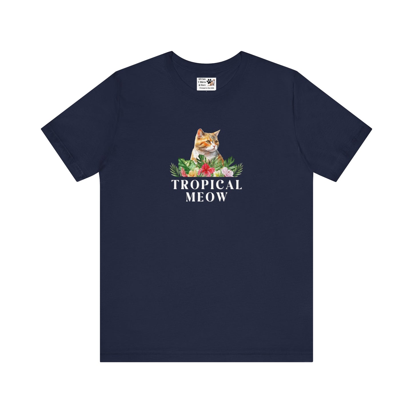 Tropical Meow Cat T-Shirt - (Cute Floral Cat Tee, Tropical Meow #2 No Background)