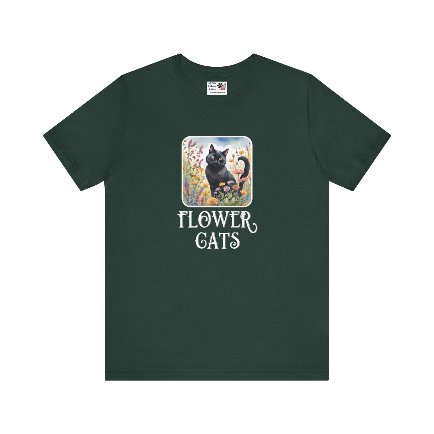 Flower Cats T-Shirt - (Flower Cat Tee #2, Black Cat Garden T-Shirt  - Whimsical Floral Cat Tee for Cat Lovers)