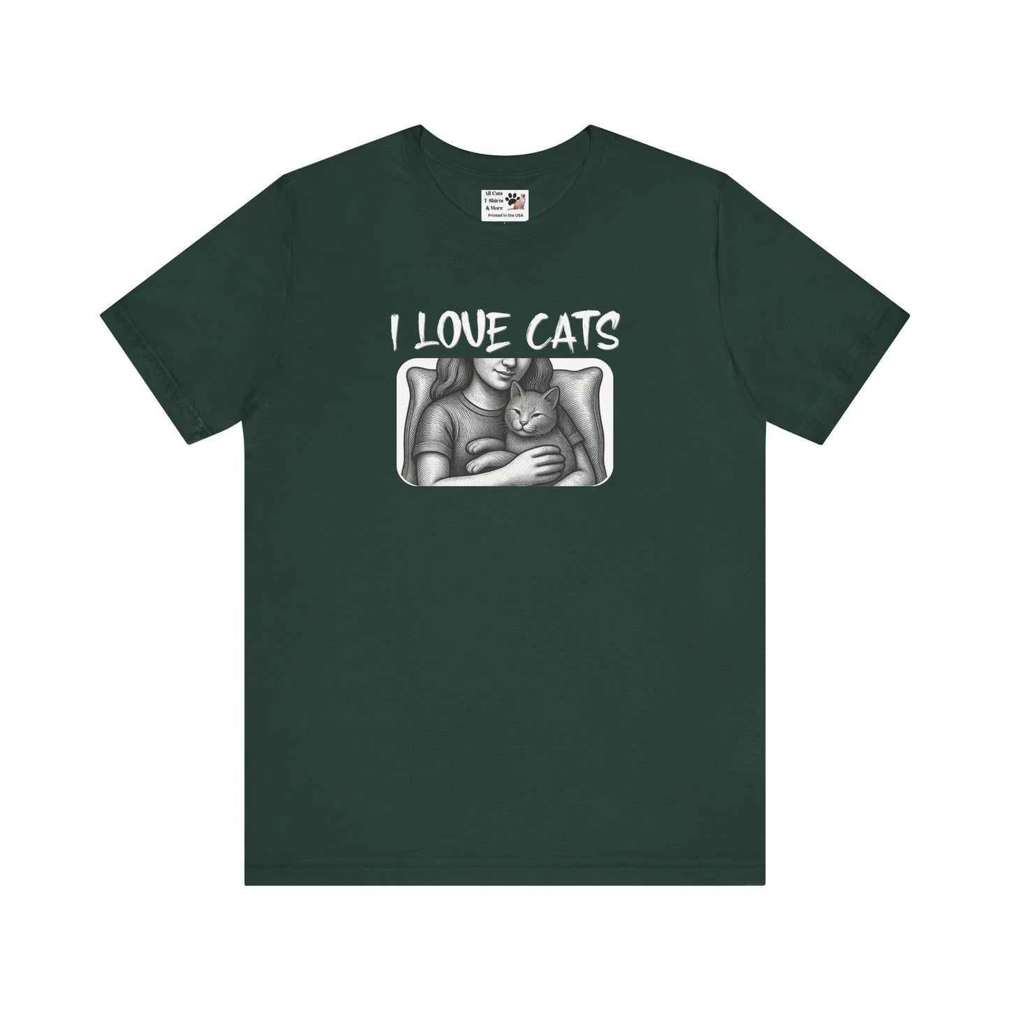 I Love Cats T-Shirt — Cat Lover Graphic Tee with Cozy Cat Cuddle Illustration