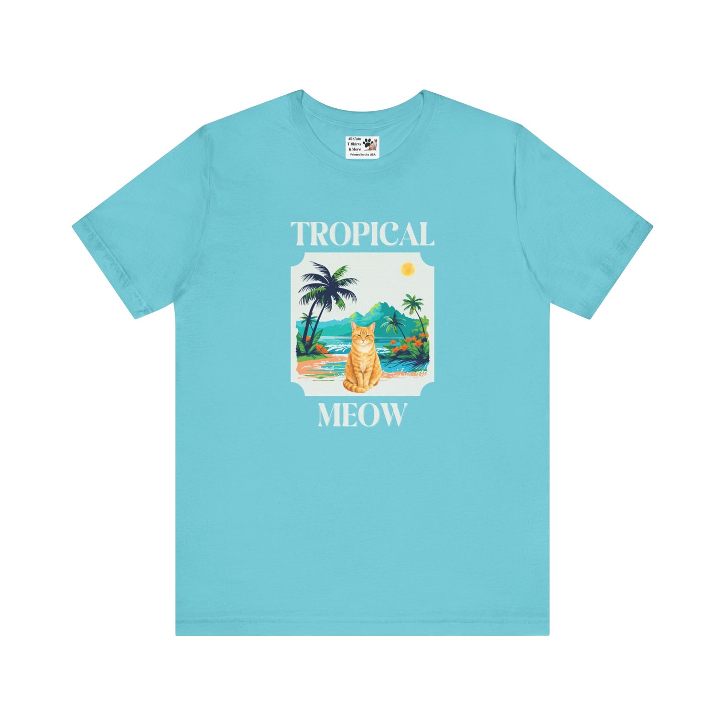 Tropical Meow Cat Tee — (Retro Beach Cat Graphic T-Shirt)