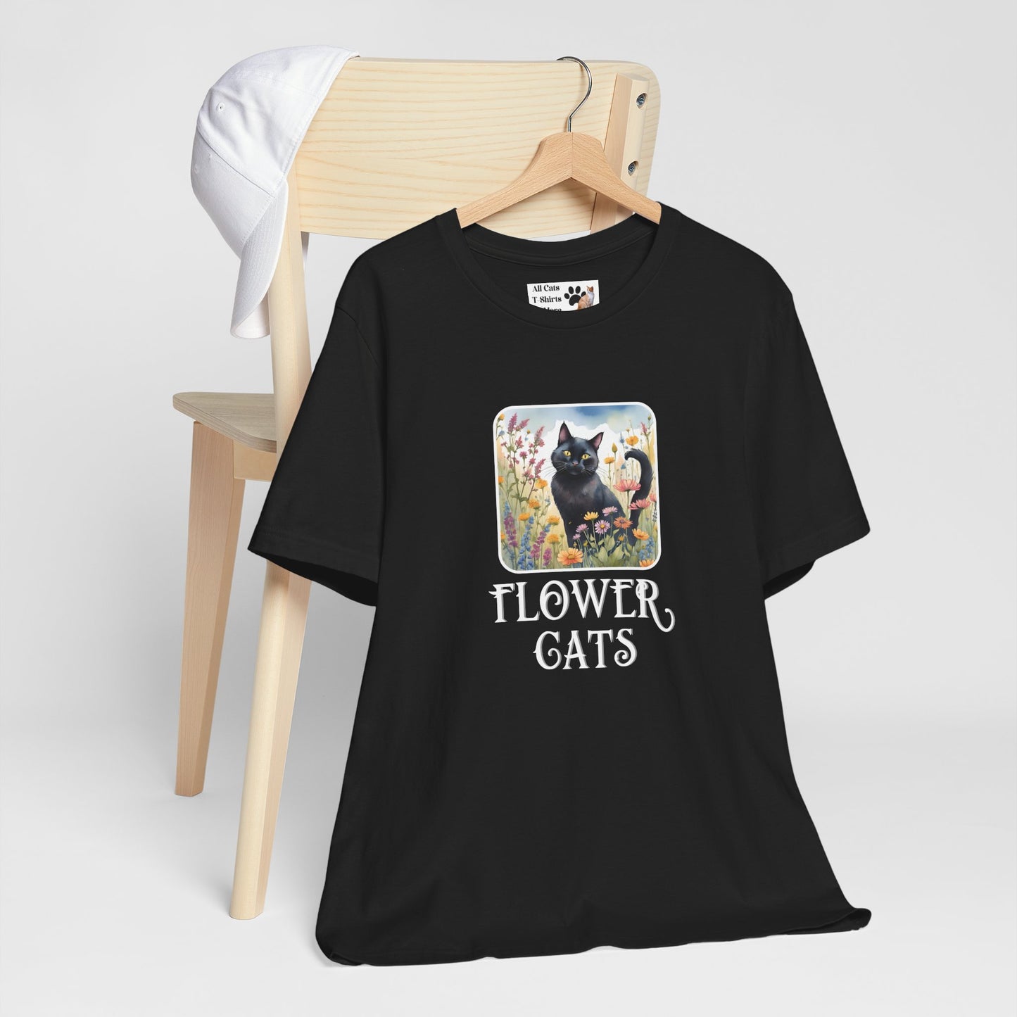 Flower Cats T-Shirt - (Flower Cat Tee #2, Black Cat Garden T-Shirt  - Whimsical Floral Cat Tee for Cat Lovers)