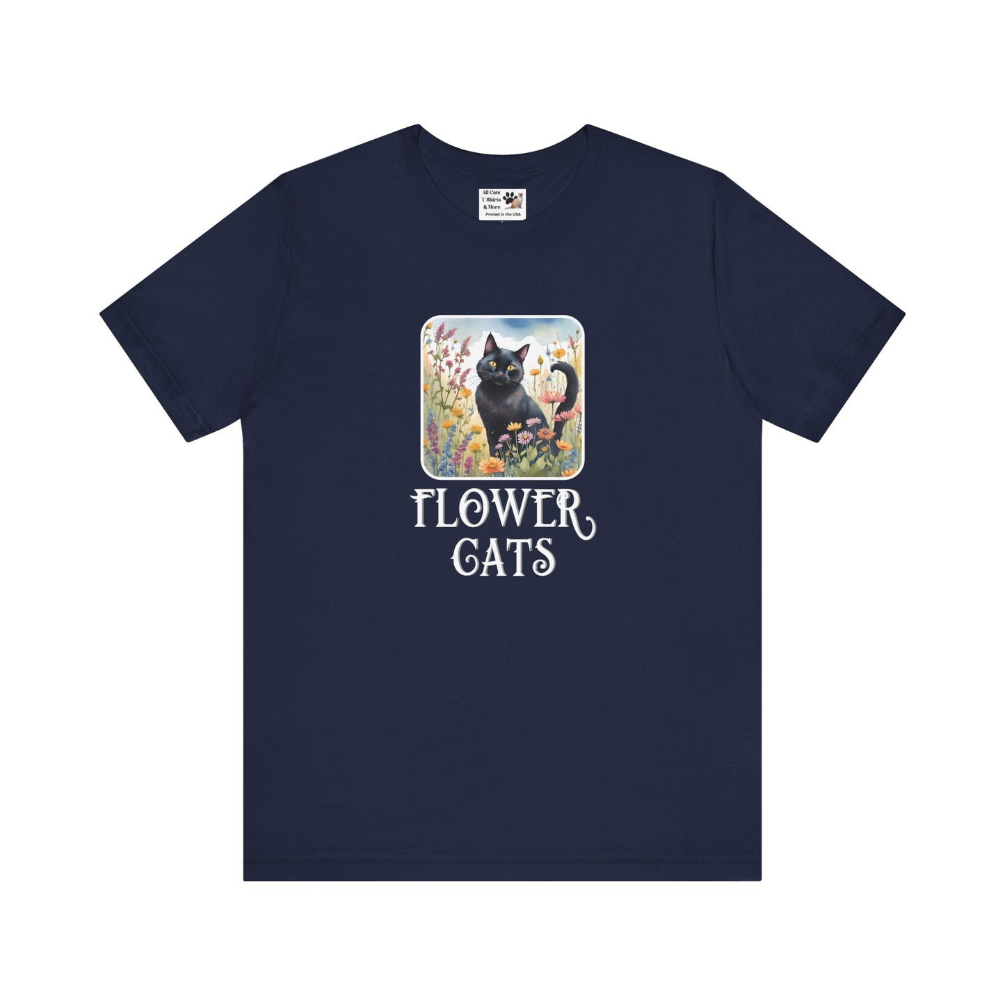 Flower Cats T-Shirt - (Flower Cat Tee #2, Black Cat Garden T-Shirt  - Whimsical Floral Cat Tee for Cat Lovers)