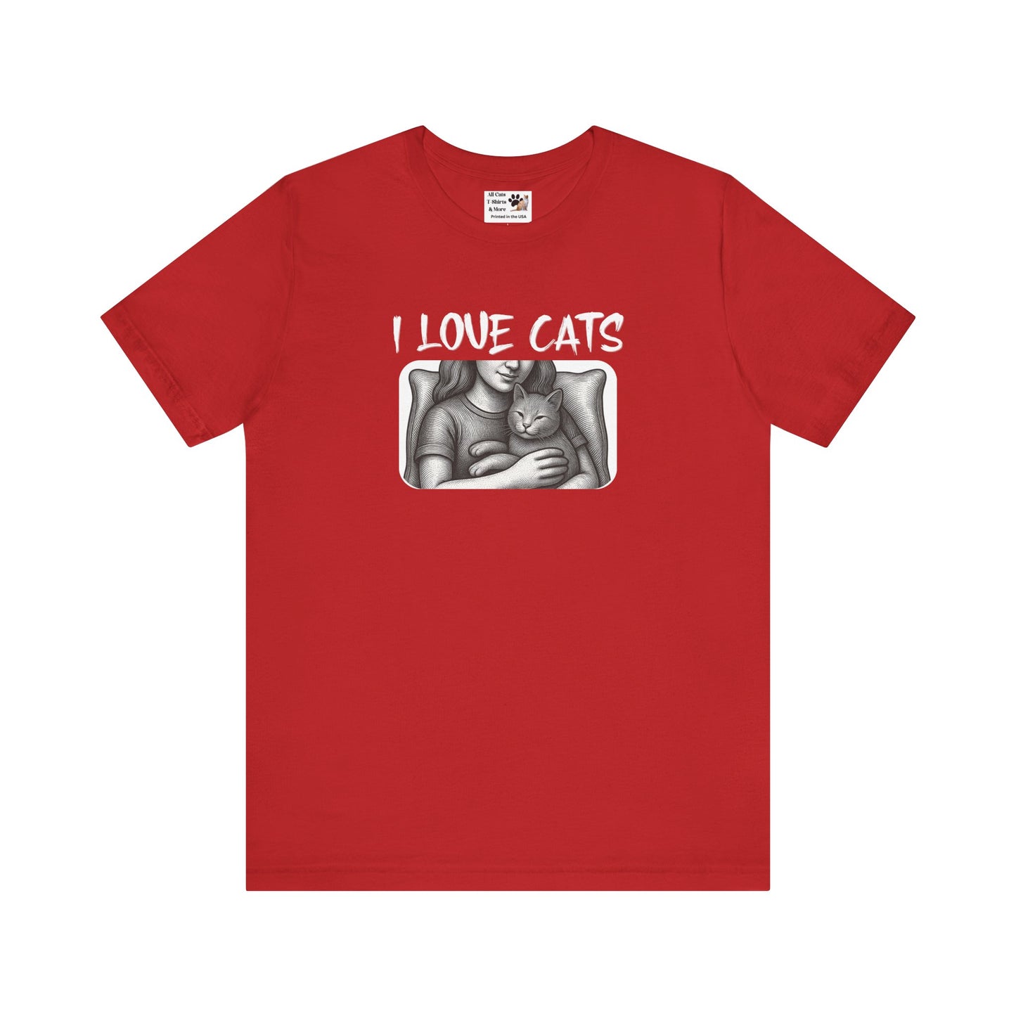 I Love Cats T-Shirt — Cat Lover Graphic Tee with Cozy Cat Cuddle Illustration