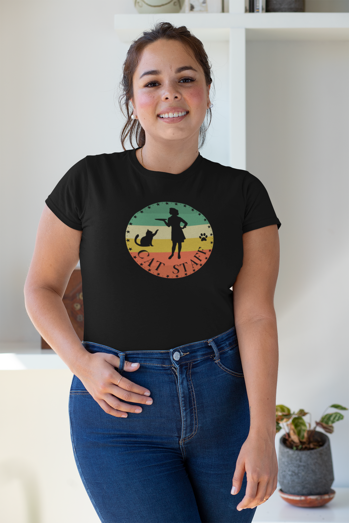 Cat Staff T-Shirt - (Vintage Sunset Style Design - Unisex Jersey Tee - Perfect Gift for Cat Lovers)