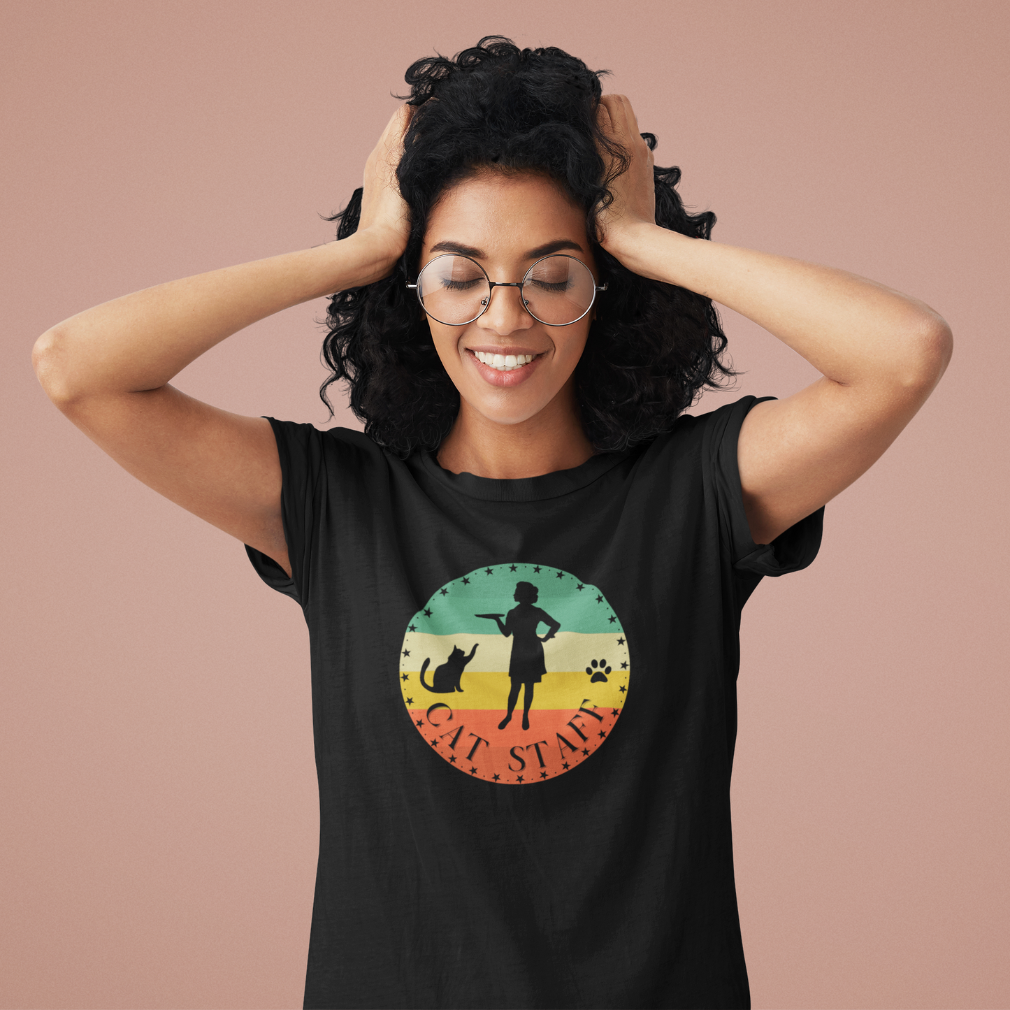 Cat Staff T-Shirt - (Vintage Sunset Style Design - Unisex Jersey Tee - Perfect Gift for Cat Lovers)