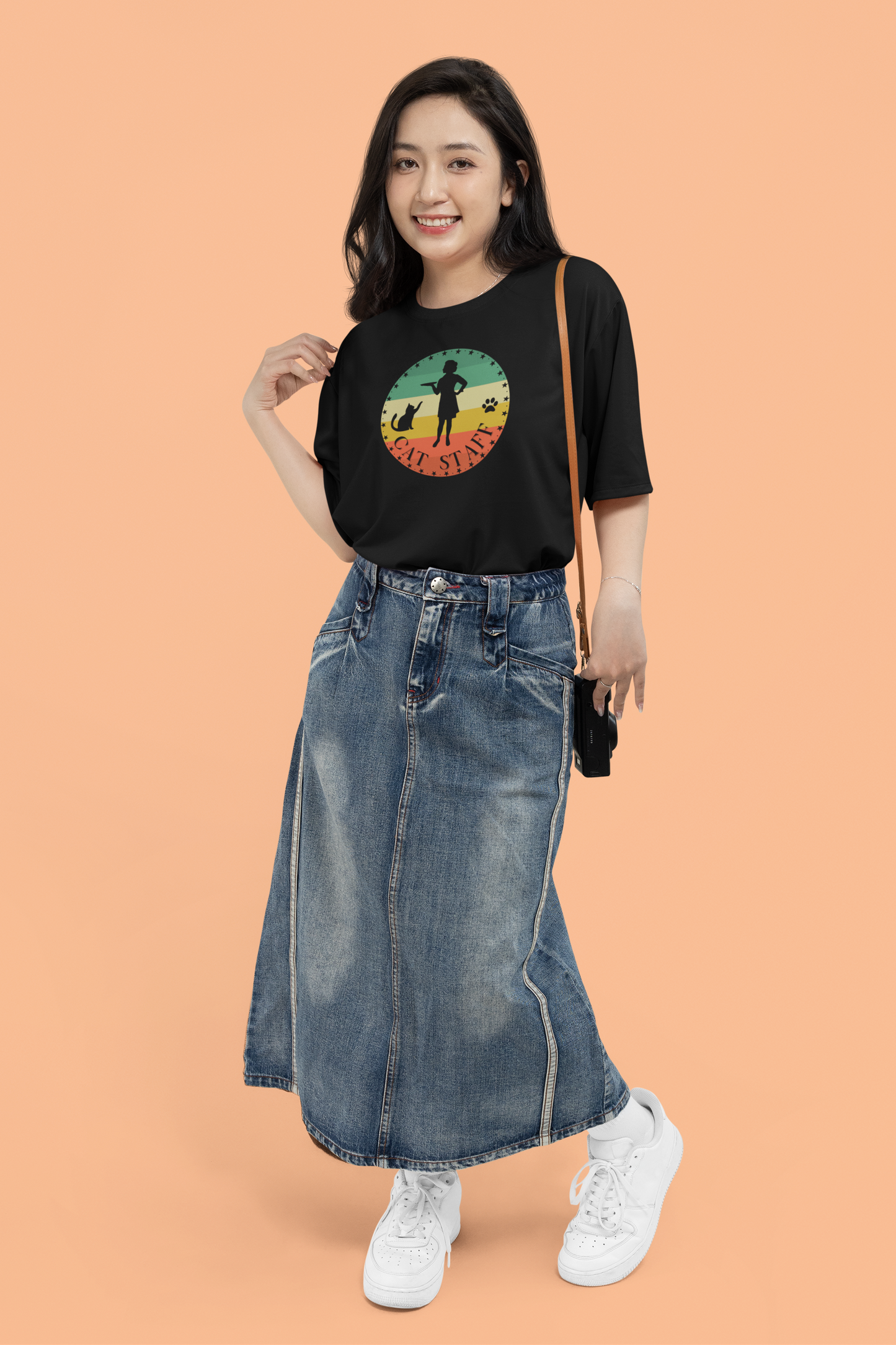 Cat Staff T-Shirt - (Vintage Sunset Style Design - Unisex Jersey Tee - Perfect Gift for Cat Lovers)