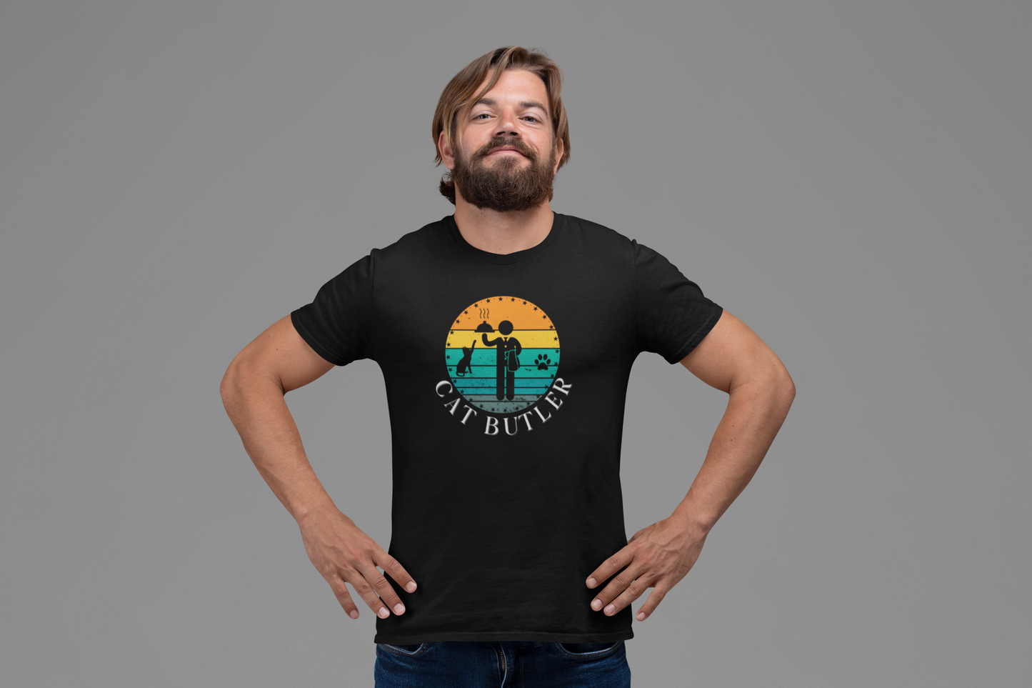 Cat Butler T-Shirt - (A Colorful "Vintage Sunset Style" Design, Unisex Short Sleeve Tee - Perfect for Cat Parents!)