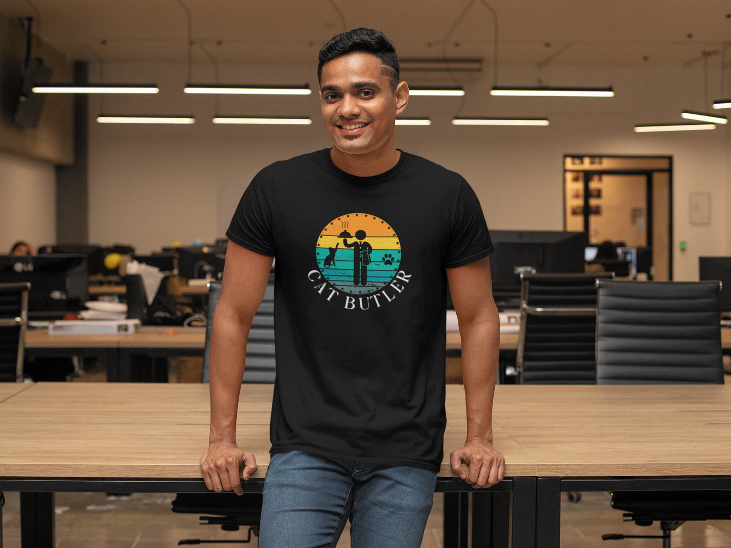 Cat Butler T-Shirt - (A Colorful "Vintage Sunset Style" Design, Unisex Short Sleeve Tee - Perfect for Cat Parents!)