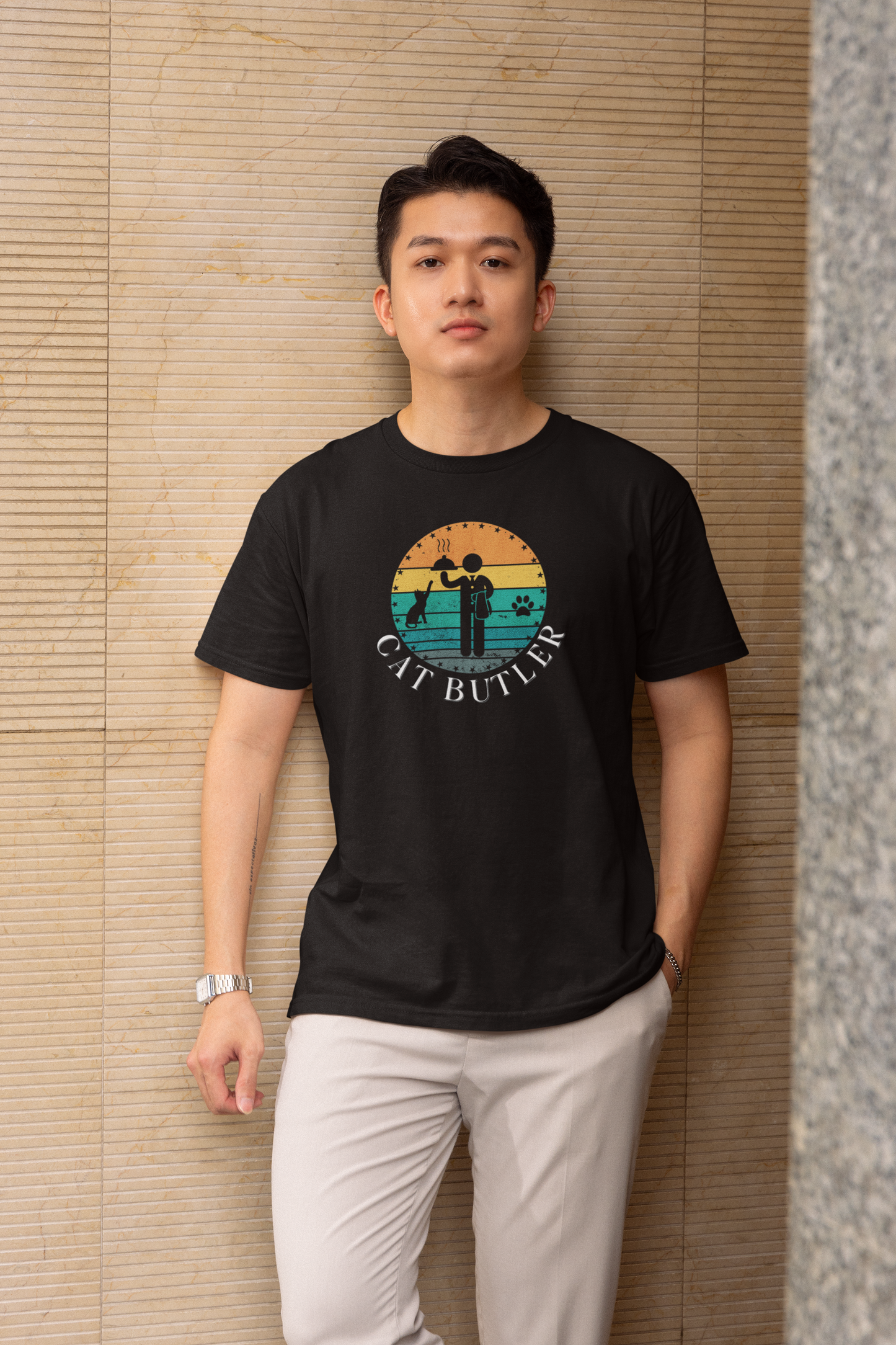 Cat Butler T-Shirt - (A Colorful "Vintage Sunset Style" Design, Unisex Short Sleeve Tee - Perfect for Cat Parents!)