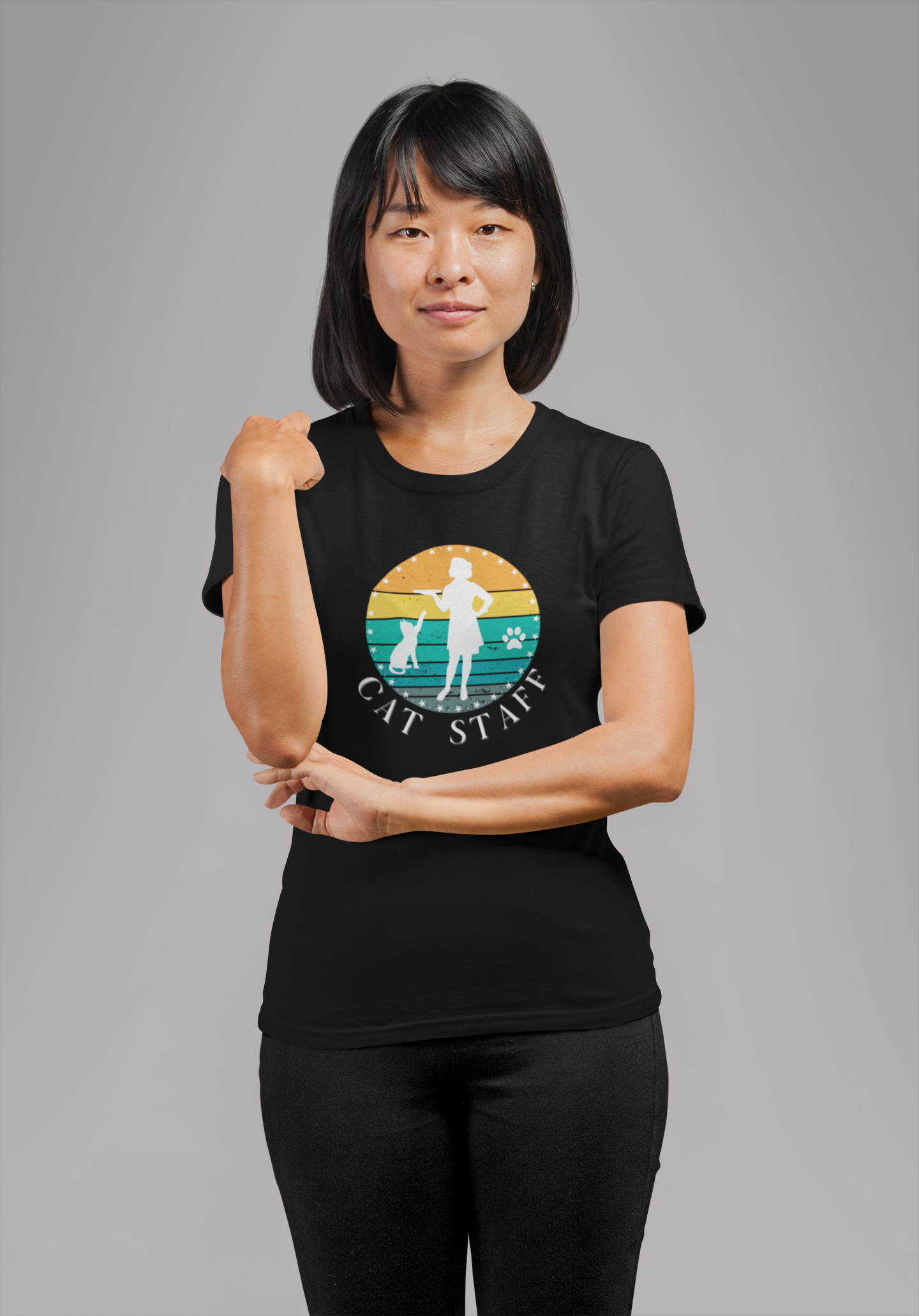 Cat Staff T-Shirt - (A Colorful "Vintage Sunset Style" Design, Unisex Jersey Short Sleeve Tee - Perfect for Cat Lovers!)