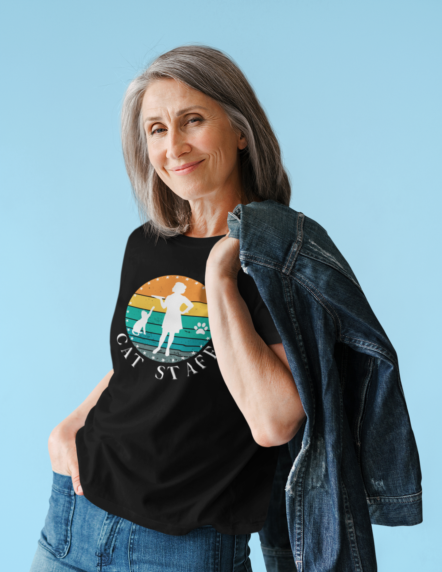Cat Staff T-Shirt - (A Colorful "Vintage Sunset Style" Design, Unisex Jersey Short Sleeve Tee - Perfect for Cat Lovers!)