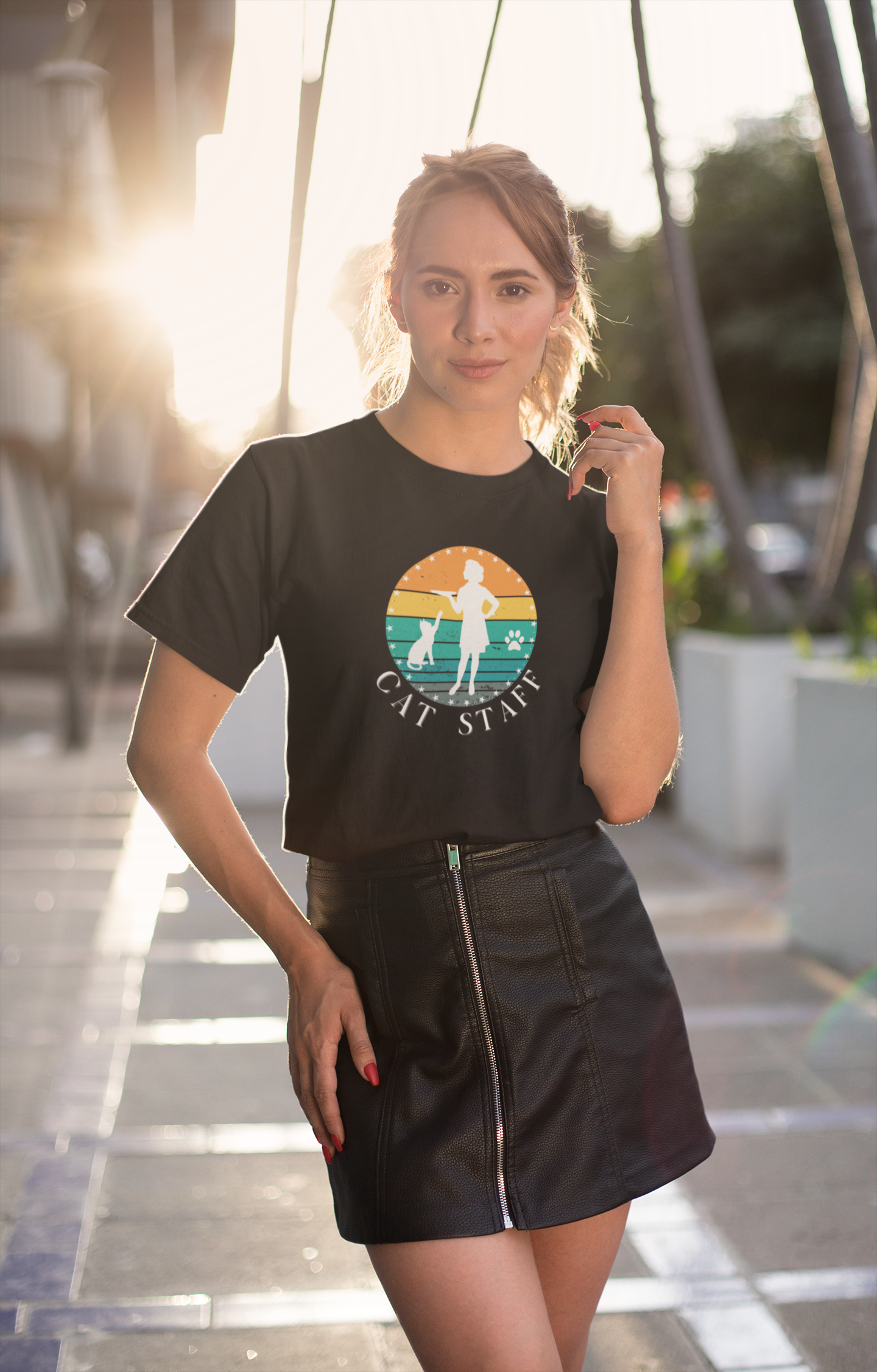 Cat Staff T-Shirt - (A Colorful "Vintage Sunset Style" Design, Unisex Jersey Short Sleeve Tee - Perfect for Cat Lovers!)
