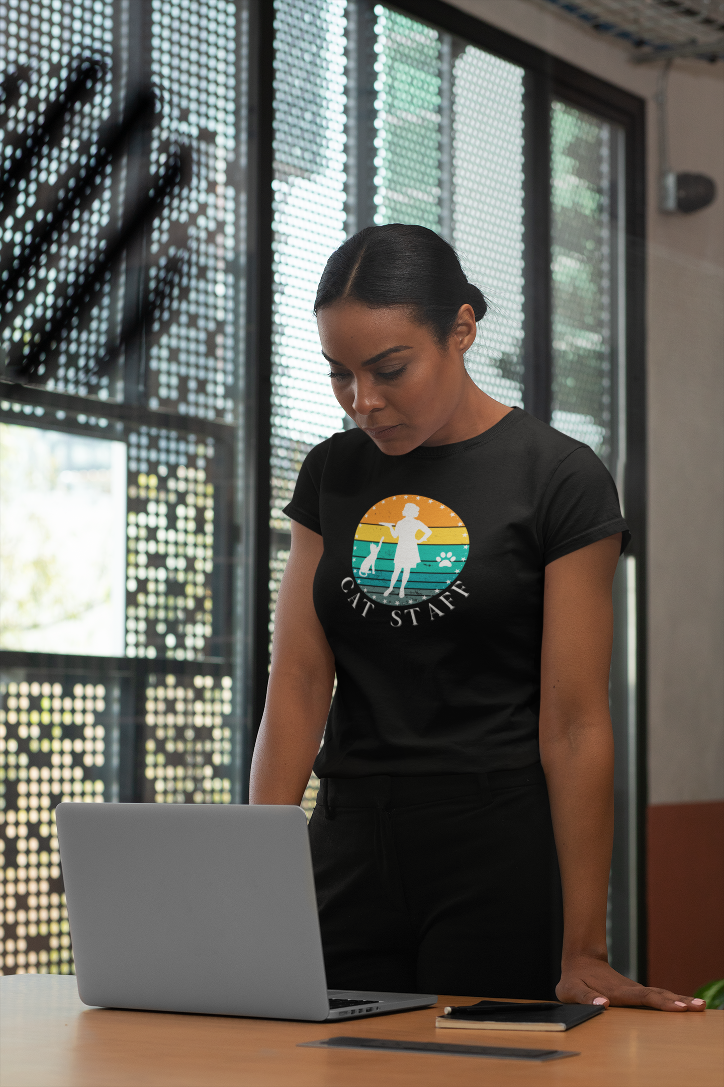 Cat Staff T-Shirt - (A Colorful "Vintage Sunset Style" Design, Unisex Jersey Short Sleeve Tee - Perfect for Cat Lovers!)