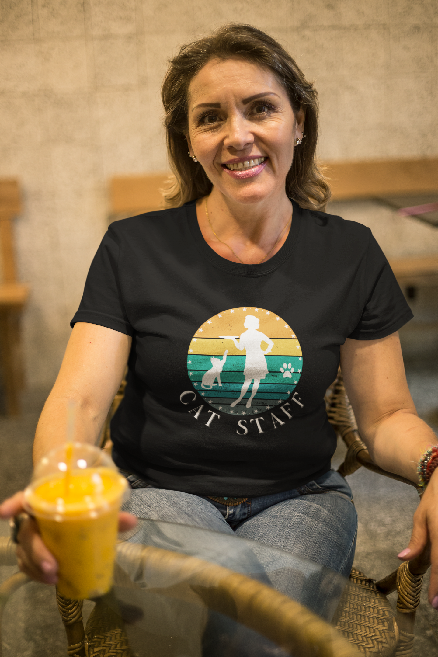 Cat Staff T-Shirt - (A Colorful "Vintage Sunset Style" Design, Unisex Jersey Short Sleeve Tee - Perfect for Cat Lovers!)