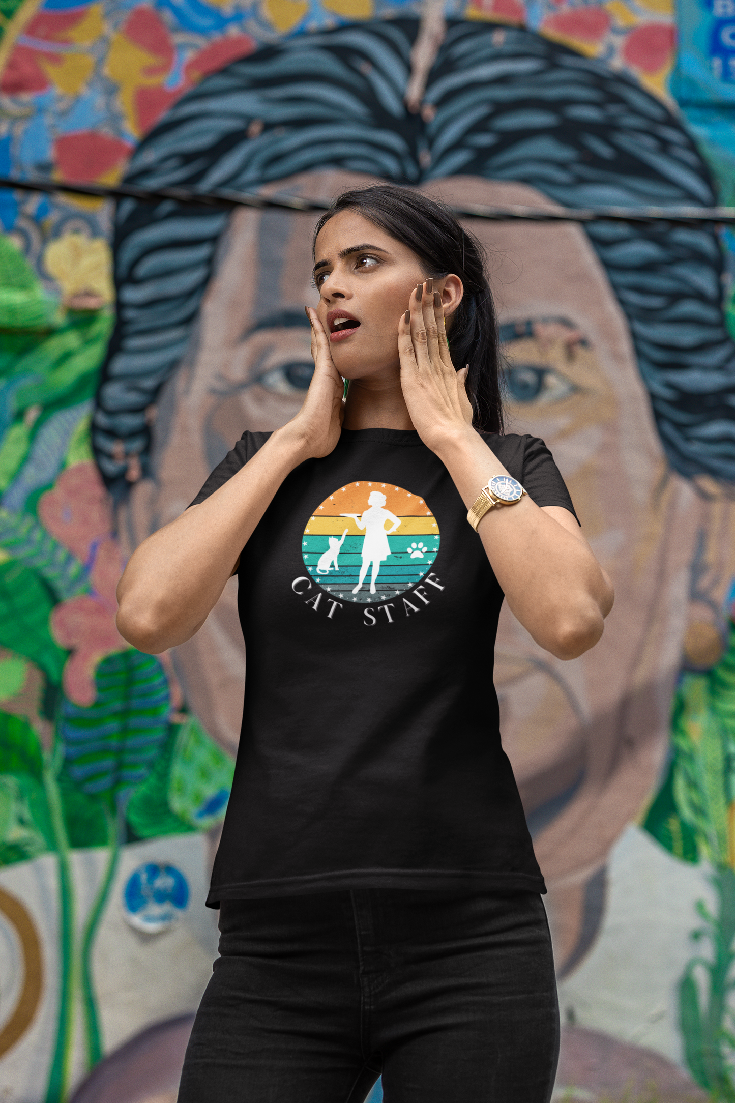 Cat Staff T-Shirt - (A Colorful "Vintage Sunset Style" Design, Unisex Jersey Short Sleeve Tee - Perfect for Cat Lovers!)