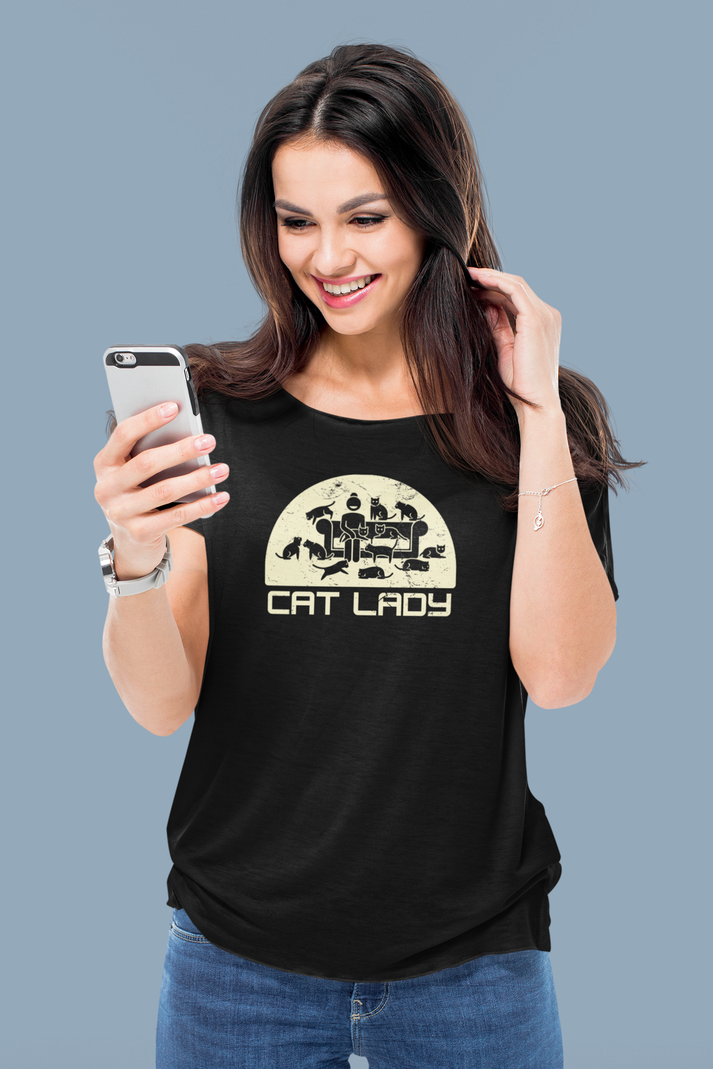 Cute Cat Lady T-Shirt - (Distressed Style - Unisex Jersey Tee - Perfect Gift for Cat Moms!)